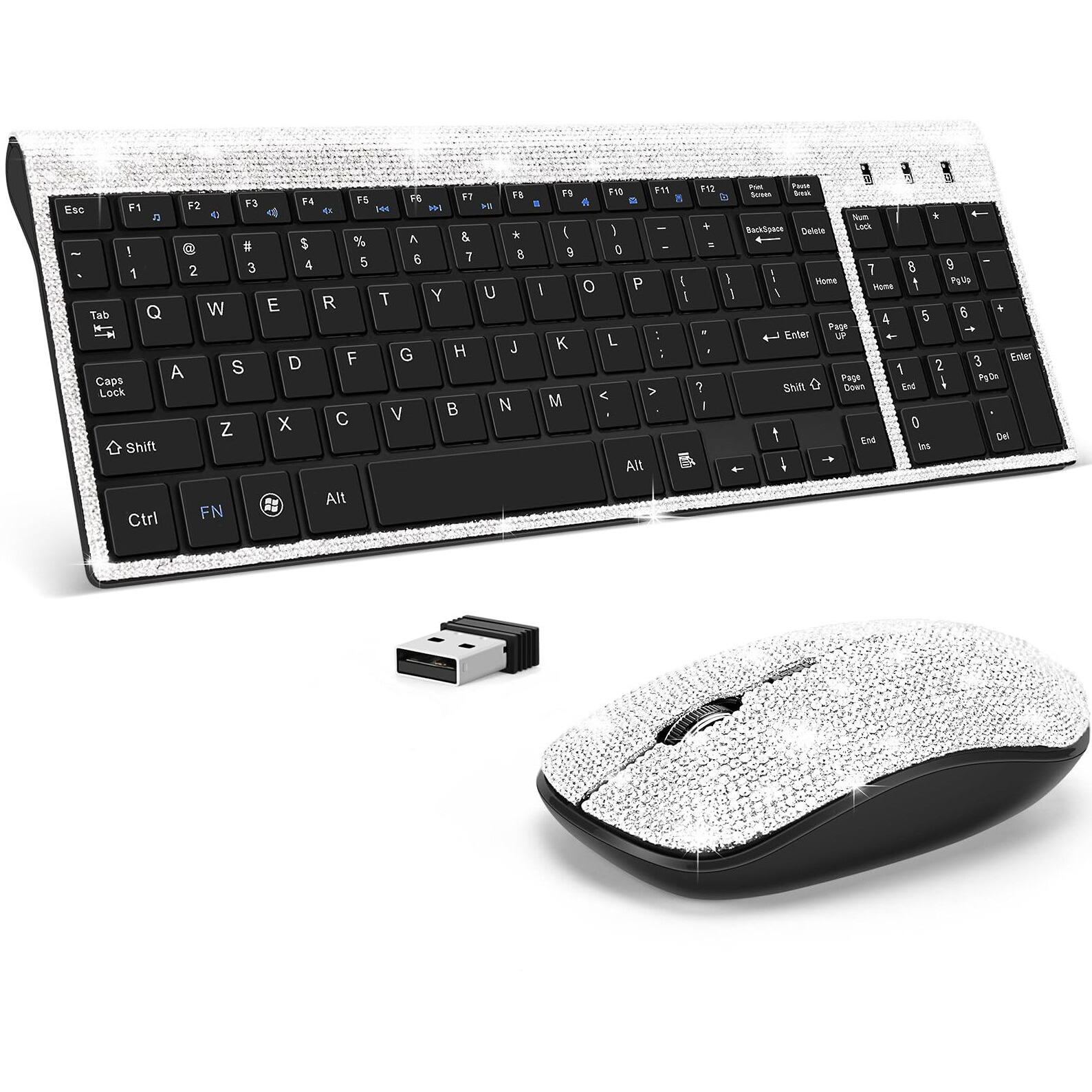 Dazzling Luxury Keyboard And Mouse Wireless, Sparkly Bling Rhinestone Wireless Mouse And Keyboard Gift Set (Silver)