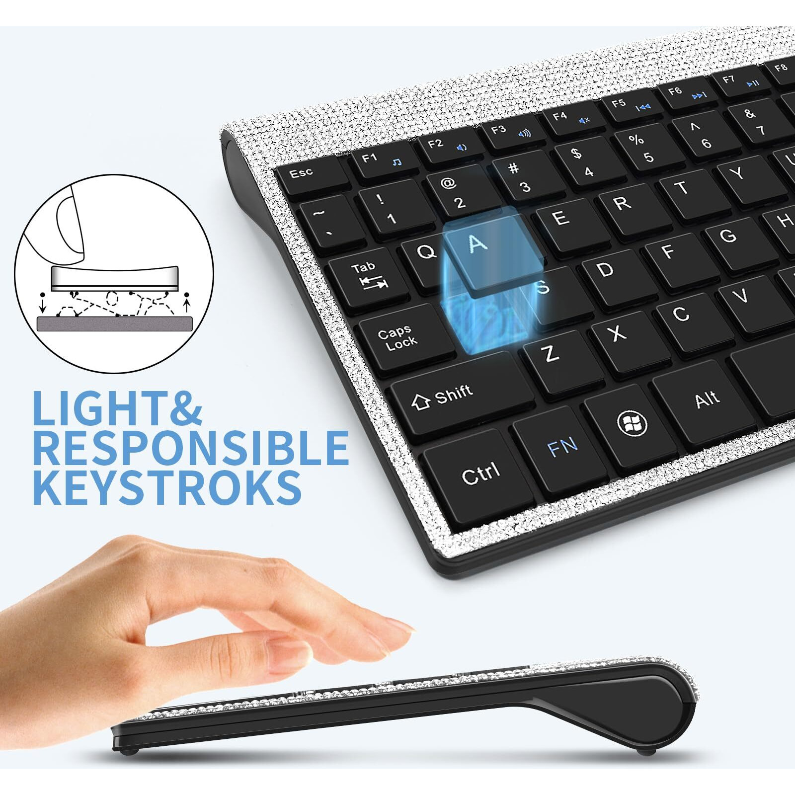 Dazzling Luxury Keyboard And Mouse Wireless, Sparkly Bling Rhinestone Wireless Mouse And Keyboard Gift Set (Silver)