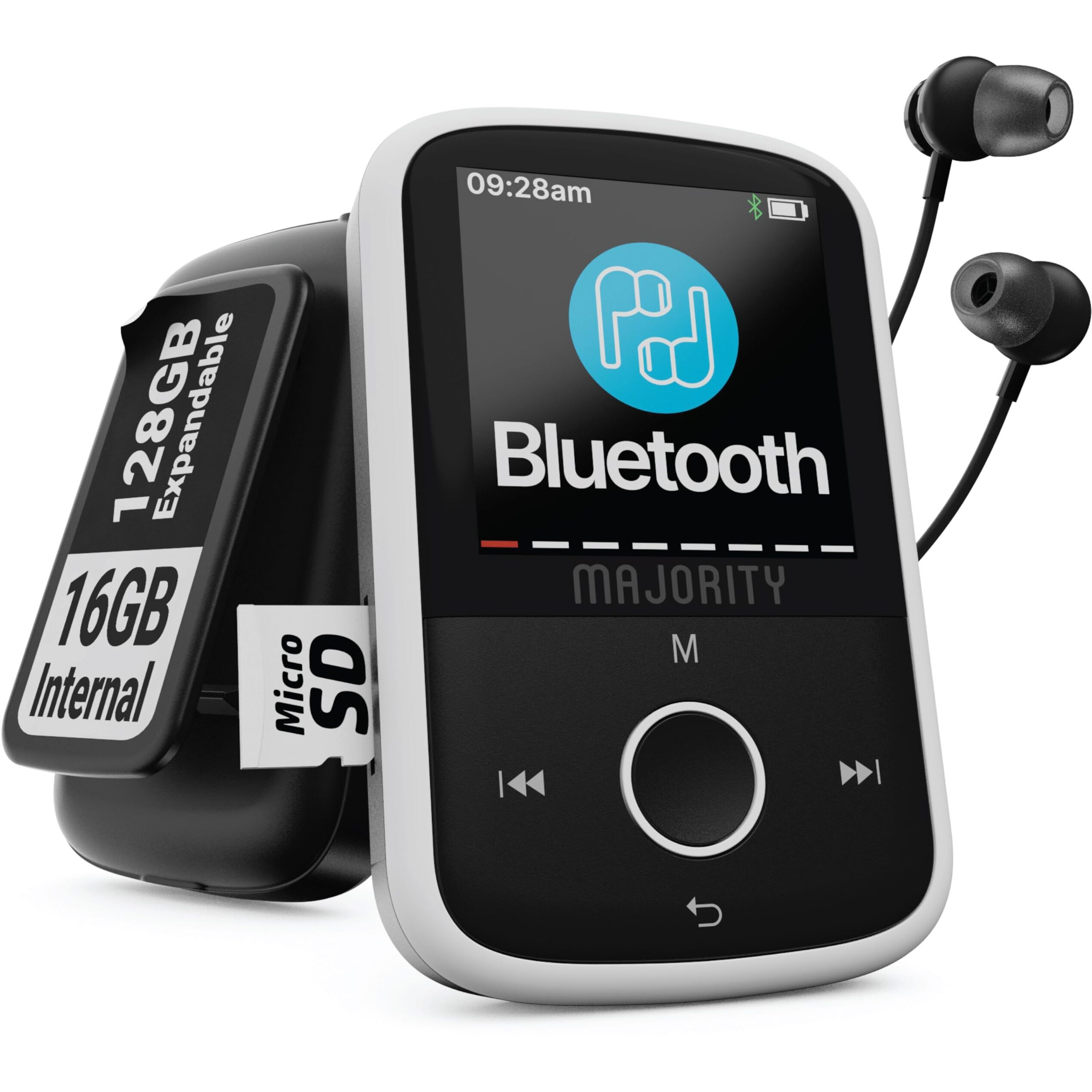 Mp3 Player With Bluetooth And Sports Clip | Earbuds Included, Expandable To 128Gb | Bluetooth Mp3 Music Player, Hd Color Screen, 34 Hours Battery Life | Sd And Usb-C | Majority Mp3 Go Music Player