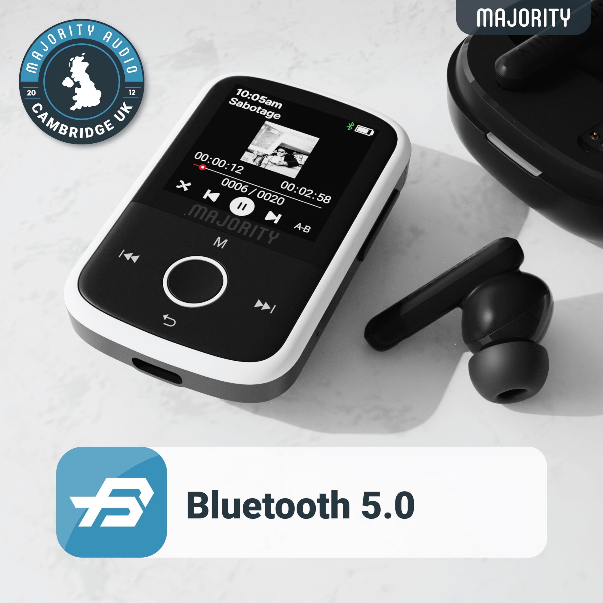 Mp3 Player With Bluetooth And Sports Clip | Earbuds Included, Expandable To 128Gb | Bluetooth Mp3 Music Player, Hd Color Screen, 34 Hours Battery Life | Sd And Usb-C | Majority Mp3 Go Music Player