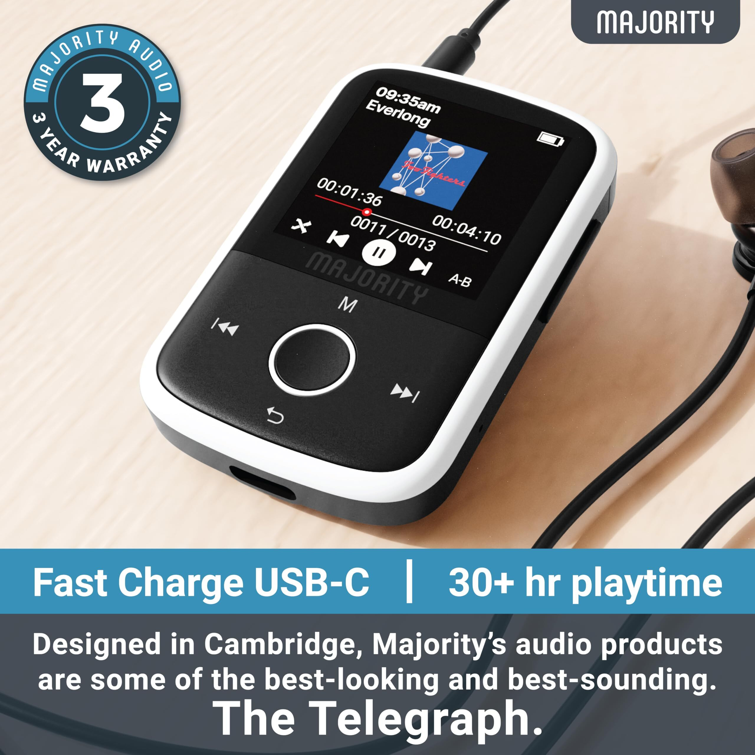Mp3 Player With Bluetooth And Sports Clip | Earbuds Included, Expandable To 128Gb | Bluetooth Mp3 Music Player, Hd Color Screen, 34 Hours Battery Life | Sd And Usb-C | Majority Mp3 Go Music Player