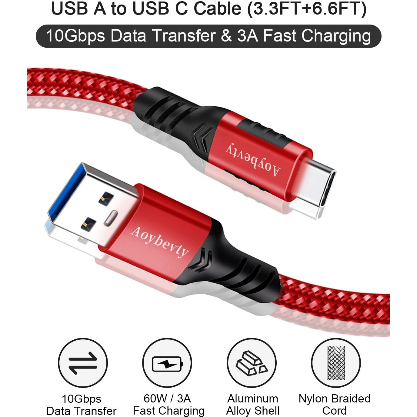 Aoybevty Usb A To Usb C Cable 3.3Ft+6.6Ft (Red), 10Gbps Data Transfer And 60W 3A Fast Charging Cable, Usb C 3.1/3.2 Cable For Samsung Galaxy S22 S21 S20 S10 Ipad Pro And Other Type-C Devices