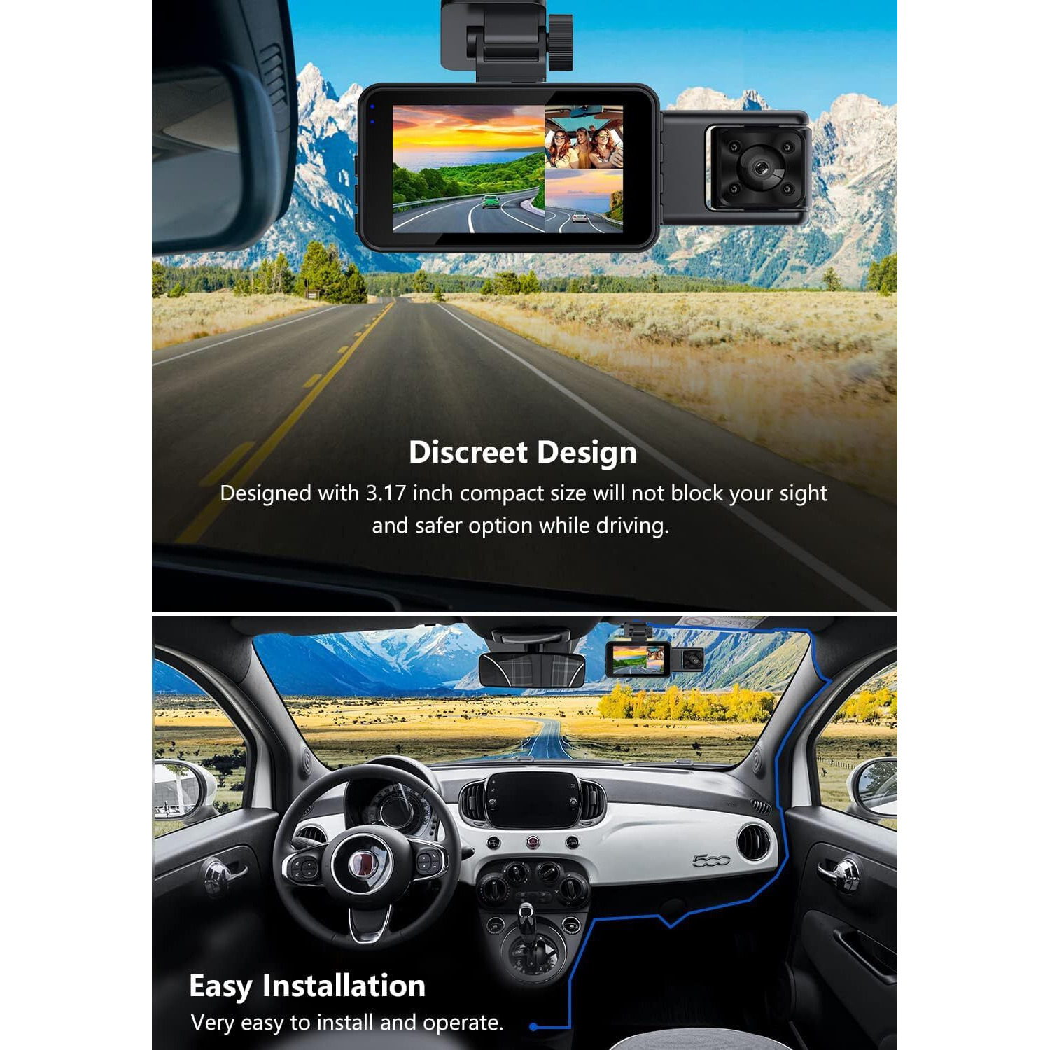 Dash Camera For Cars, 3 Channel 4K Dash Cam Front And Rear Inside,1080P Full Hd 170 Deg Wide Angle Dashboard Camera With 64Gb Card, 3-Inch Ips Screen,G-Sensor,Loop Recording