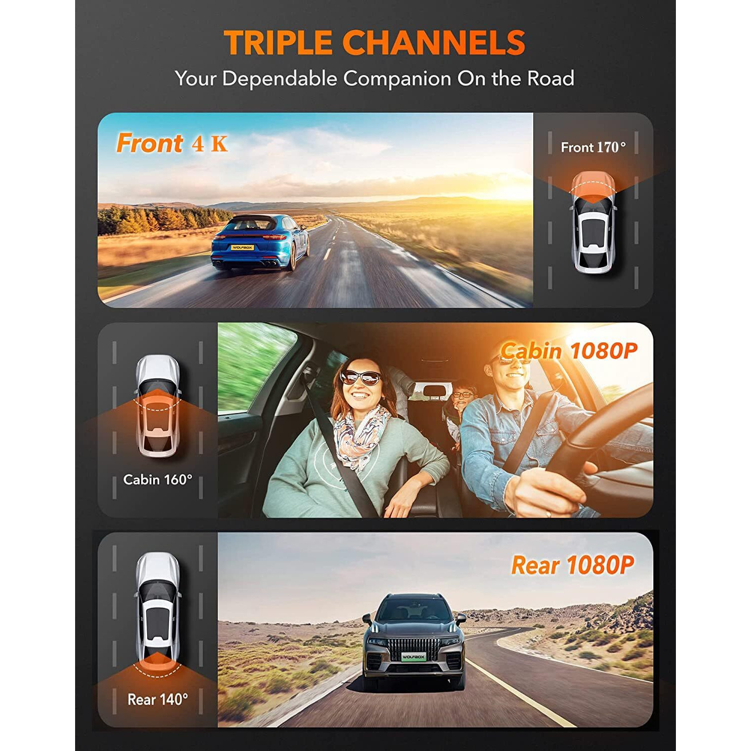 Dash Camera For Cars, 3 Channel 4K Dash Cam Front And Rear Inside,1080P Full Hd 170 Deg Wide Angle Dashboard Camera With 64Gb Card, 3-Inch Ips Screen,G-Sensor,Loop Recording
