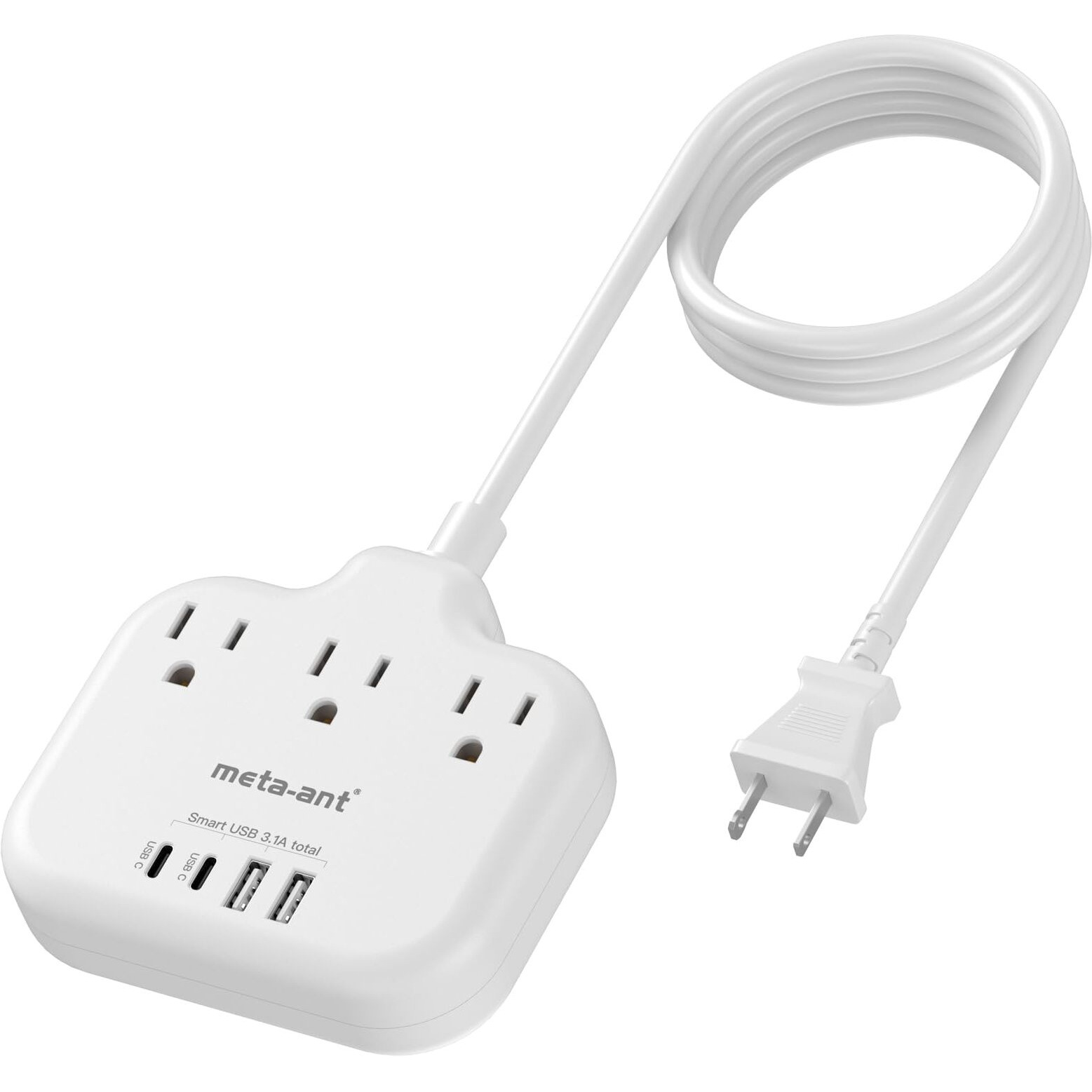 2 Prong Power Strip With Usb C, Meta-Ant 2 Prong To 3 Prong Outlet Adapter, Two Prong Power Strip With 3 Outlets & 4 Usb(2 Usb-C), 4Ft Extension Cord 2 Prong Outlet, Polarized, For Old House, White