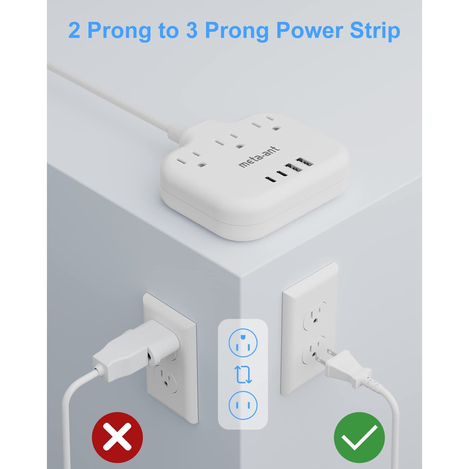2 Prong Power Strip With Usb C, Meta-Ant 2 Prong To 3 Prong Outlet Adapter, Two Prong Power Strip With 3 Outlets & 4 Usb(2 Usb-C), 4Ft Extension Cord 2 Prong Outlet, Polarized, For Old House, White