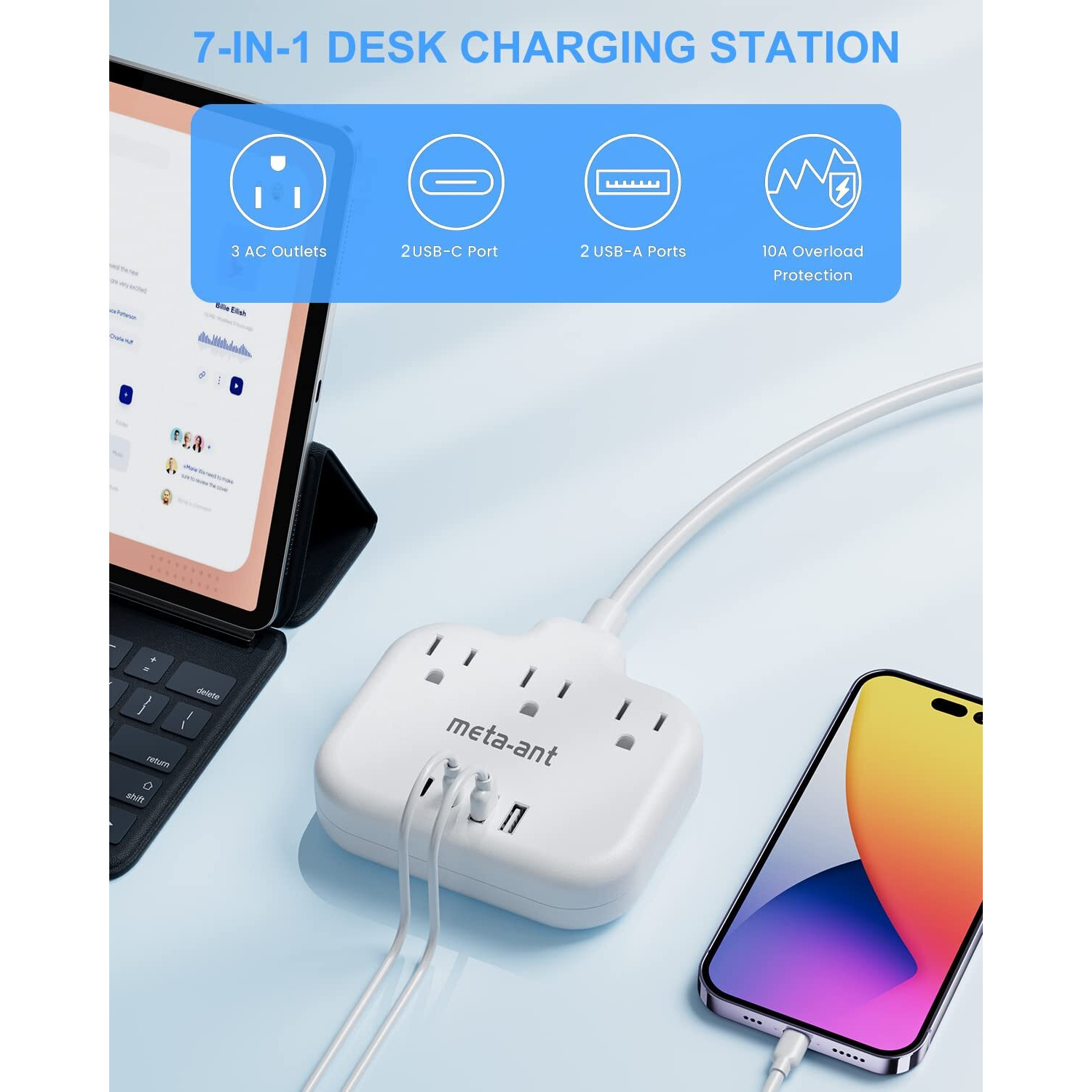 2 Prong Power Strip With Usb C, Meta-Ant 2 Prong To 3 Prong Outlet Adapter, Two Prong Power Strip With 3 Outlets & 4 Usb(2 Usb-C), 4Ft Extension Cord 2 Prong Outlet, Polarized, For Old House, White