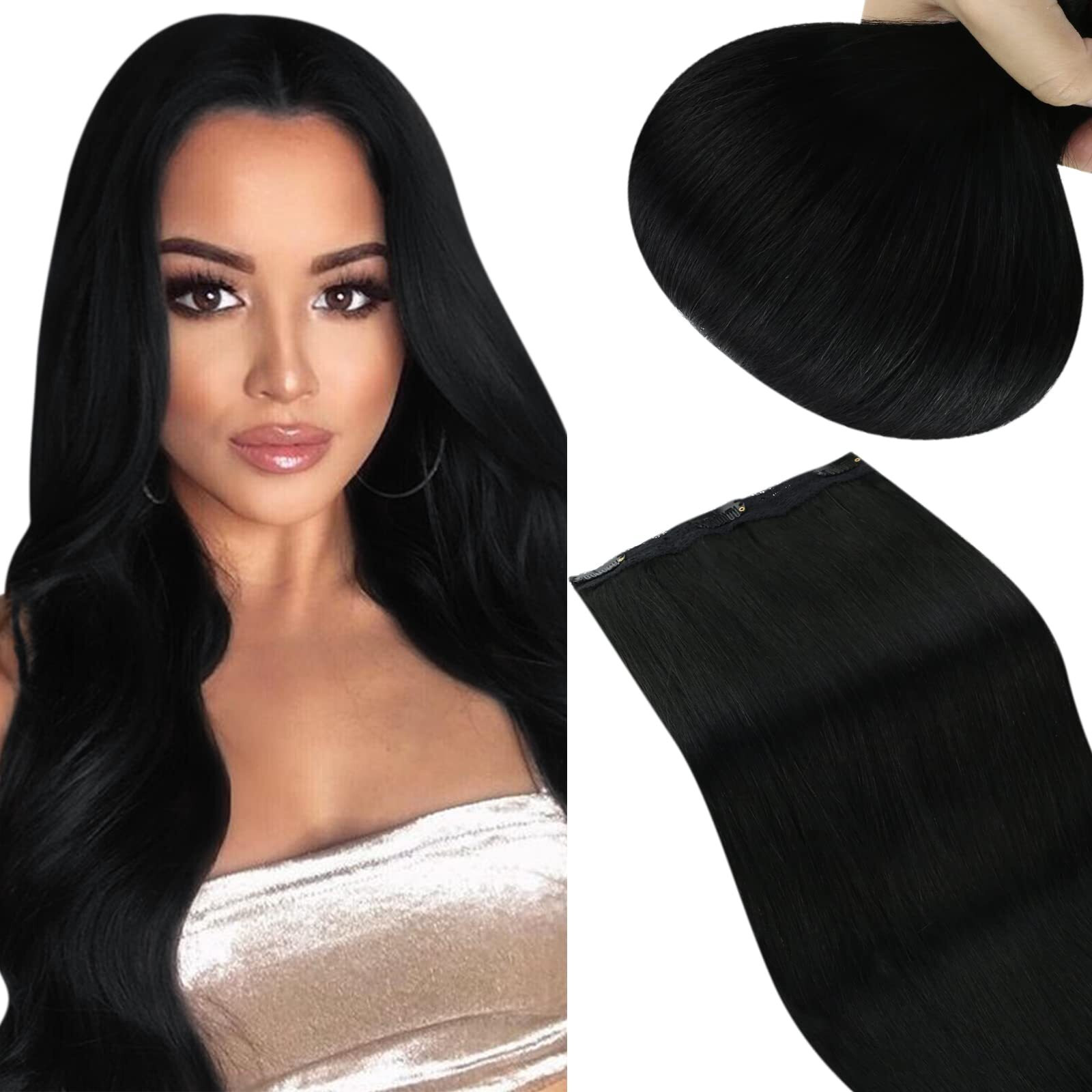Sunny Black Clip In Hair Extensions Human Hair Jet Black Real Human Hair Clip In Extensions For Women Clip In Black Hair Extensions Double Weft For Wedding Party 3 Pieces 70G 18Inch