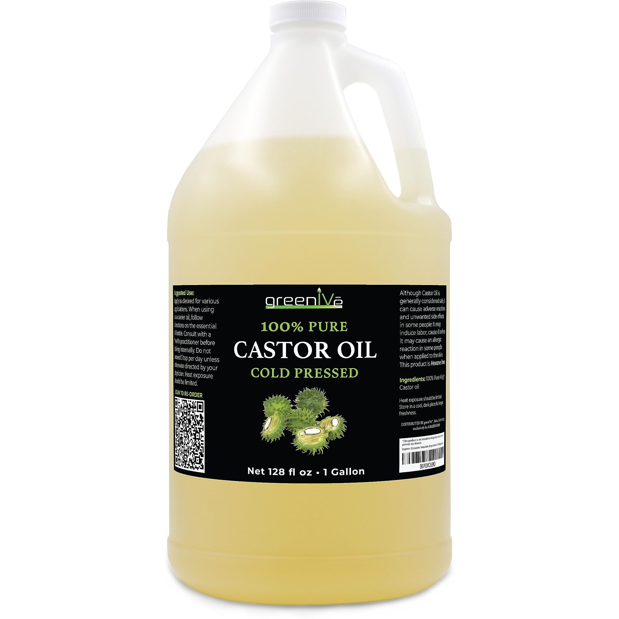Greenive Castor Oil Organically Grown 100% Pure 128Oz (1 Gallon) Bottle Cold Pressed, Hexane Free, Eyelash And Eybrow Growth Serum, Skin Moisturizer Detox And Wraps