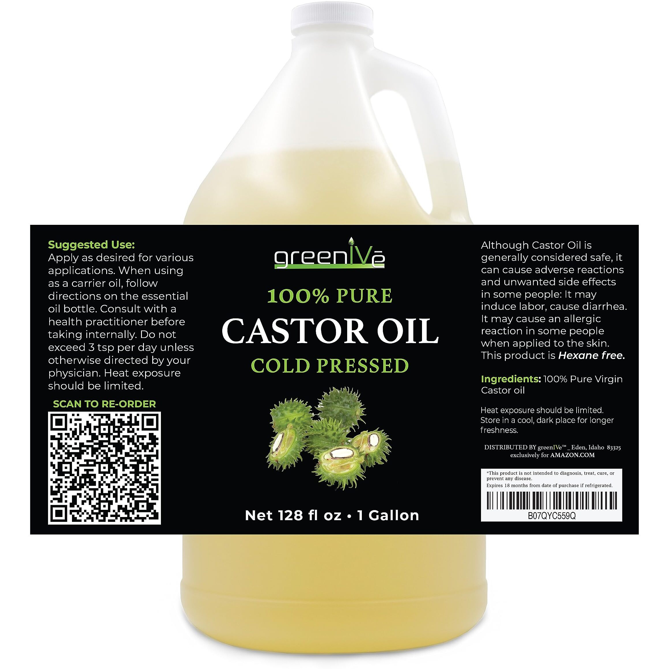 Greenive Castor Oil Organically Grown 100% Pure 128Oz (1 Gallon) Bottle Cold Pressed, Hexane Free, Eyelash And Eybrow Growth Serum, Skin Moisturizer Detox And Wraps
