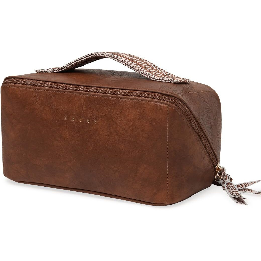 Eachy Travel Makeup Bag, Large Capacity Cosmetic Bags For Women, Waterproof Portable Open Flat Toiletry Bag Make Up Bag With Divider And Handle (I-Brown, Medium)