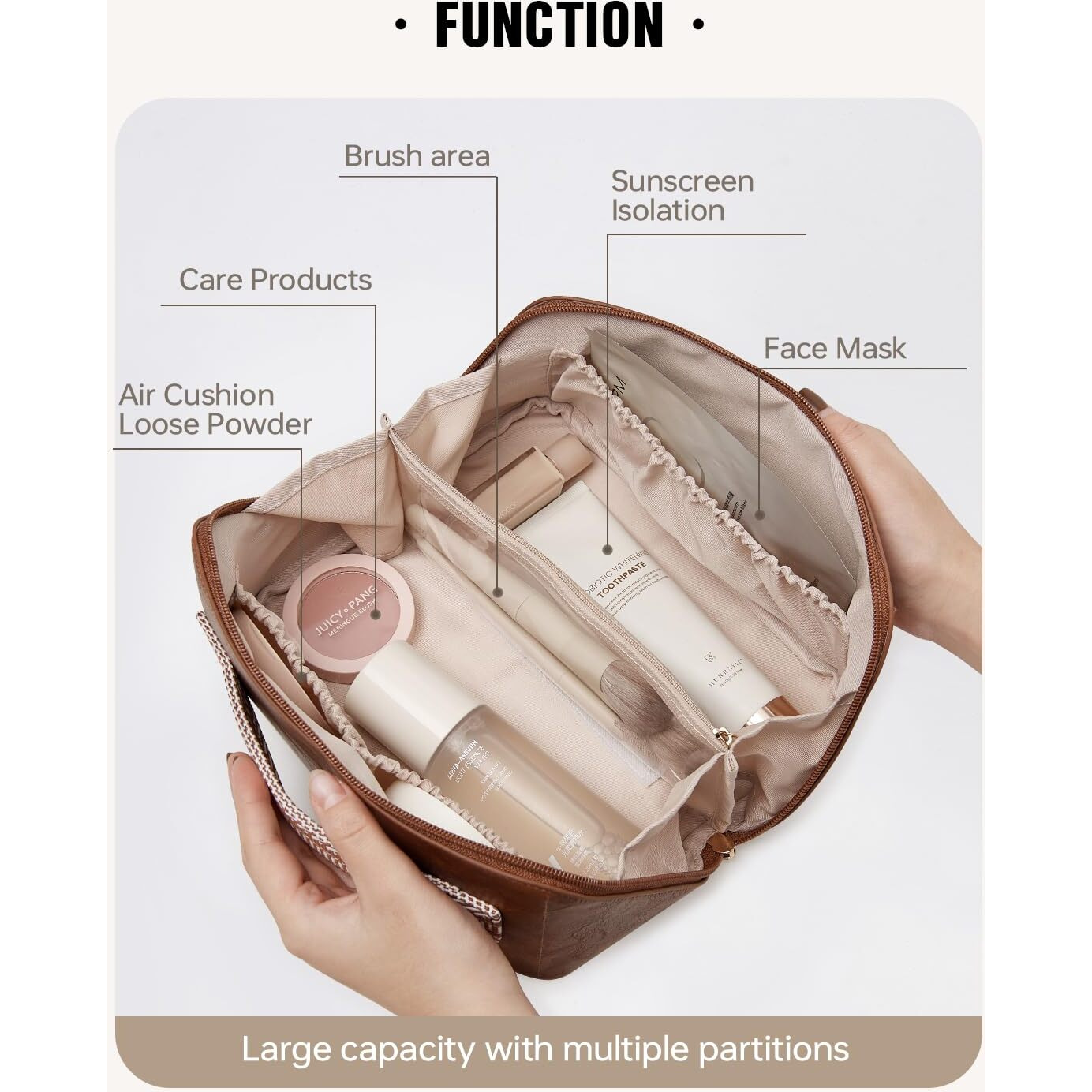 Eachy Travel Makeup Bag, Large Capacity Cosmetic Bags For Women, Waterproof Portable Open Flat Toiletry Bag Make Up Bag With Divider And Handle (I-Brown, Medium)
