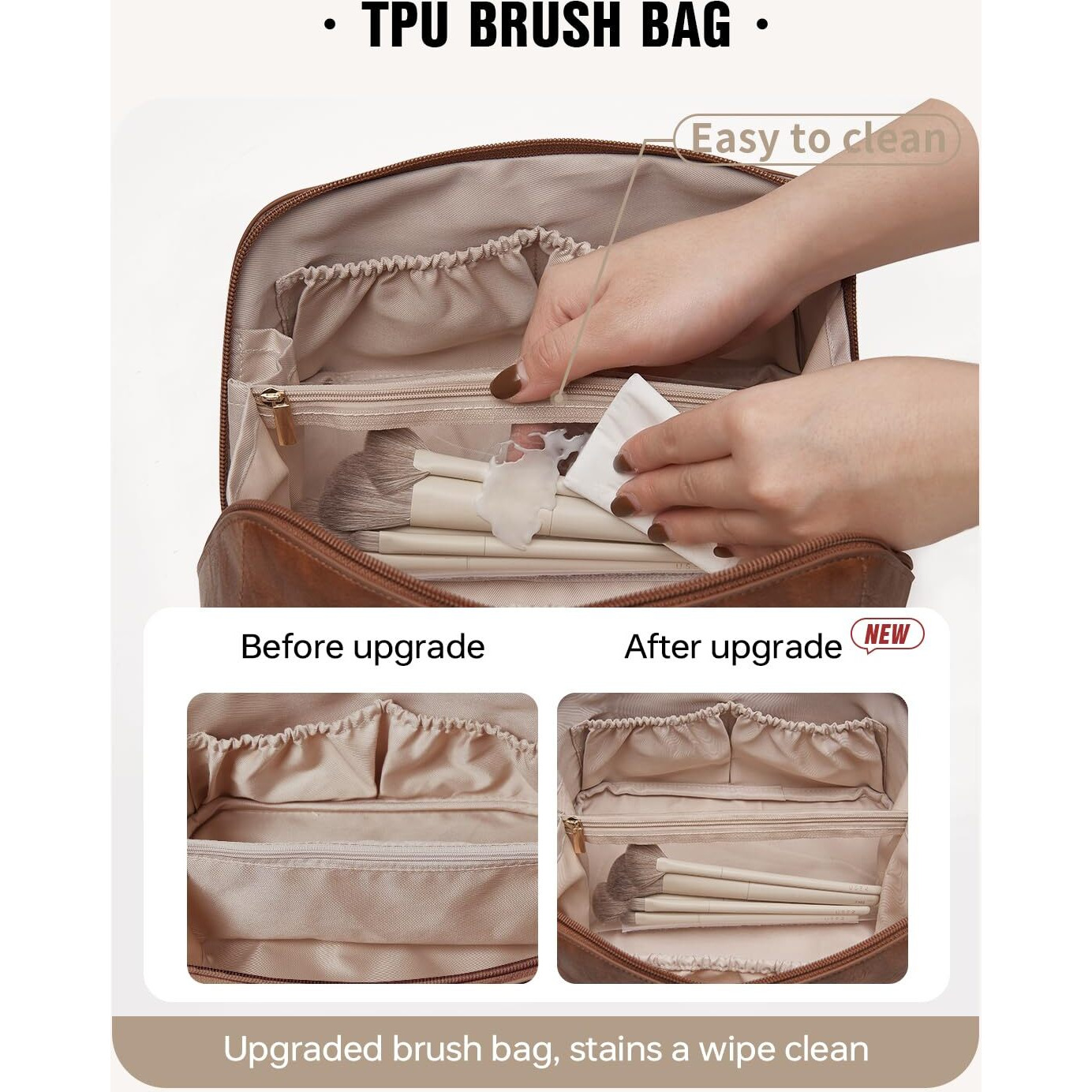 Eachy Travel Makeup Bag, Large Capacity Cosmetic Bags For Women, Waterproof Portable Open Flat Toiletry Bag Make Up Bag With Divider And Handle (I-Brown, Medium)