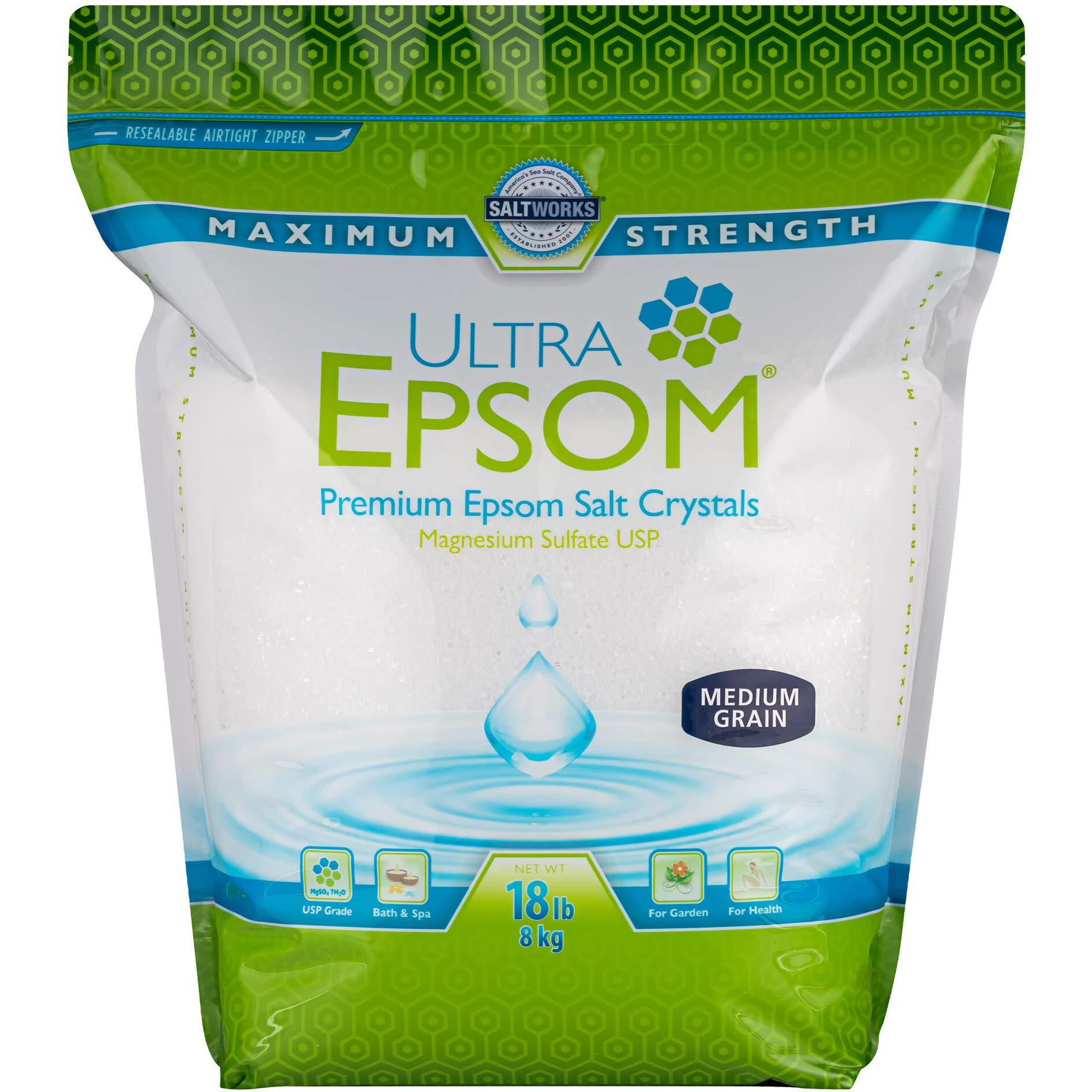 Saltworks Ultra Epsom Bath Salt, Unscented, Medium Grain, 18 Pound Bag