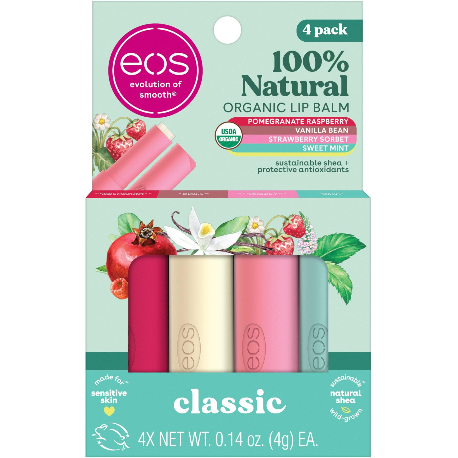 Eos 100% Natural & Organic Lip Balm Sticks- Strawberry Sorbet, Vanilla Bean, Sweet Mint & Pomegranate Raspberry, Lip Care Products, 0.14 Oz, 4-Pack