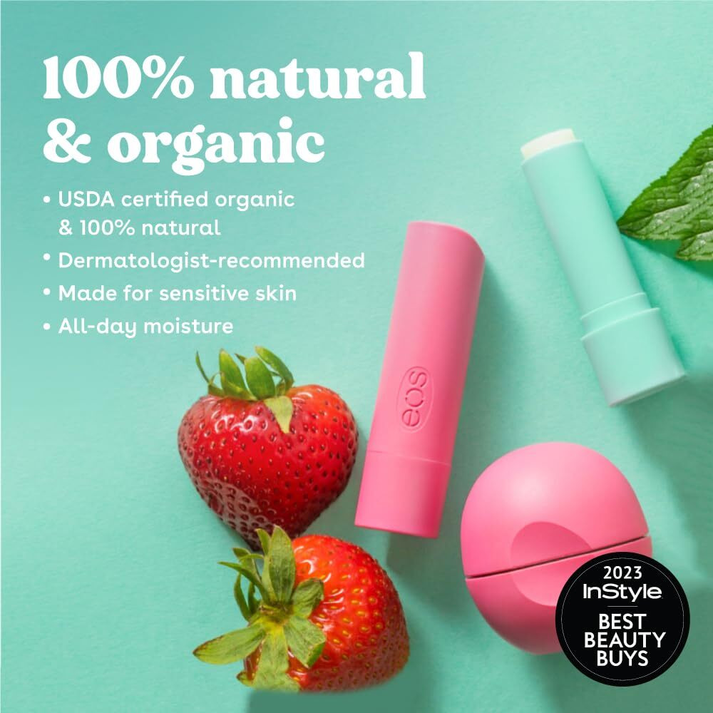 Eos 100% Natural & Organic Lip Balm Sticks- Strawberry Sorbet, Vanilla Bean, Sweet Mint & Pomegranate Raspberry, Lip Care Products, 0.14 Oz, 4-Pack