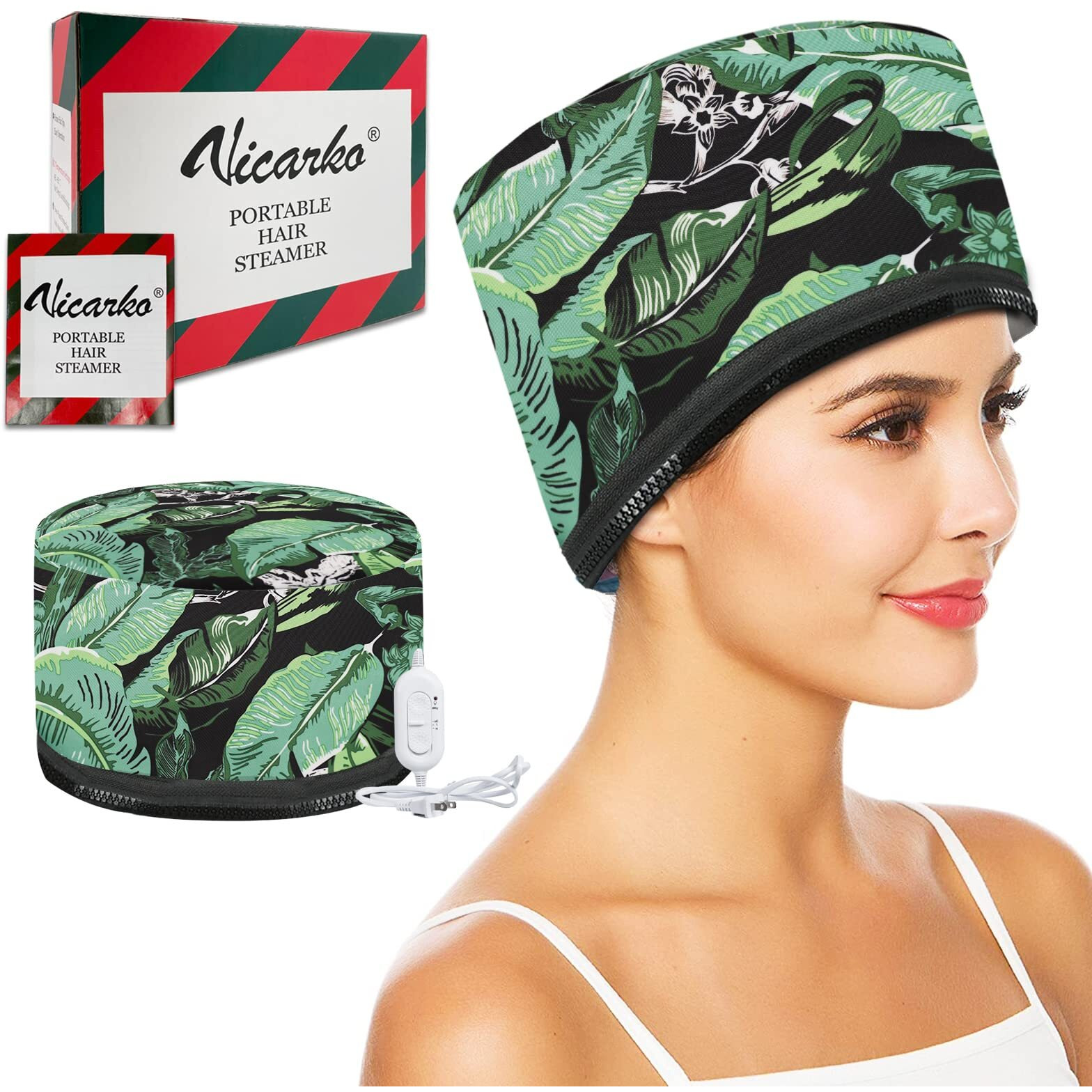 Vicarko Hair Steamer Thermal Heat Cap Deep Conditioning Natural Black Hair Scalp Treatment Spa Hot Head Care Electric For Home Use Leaf Print