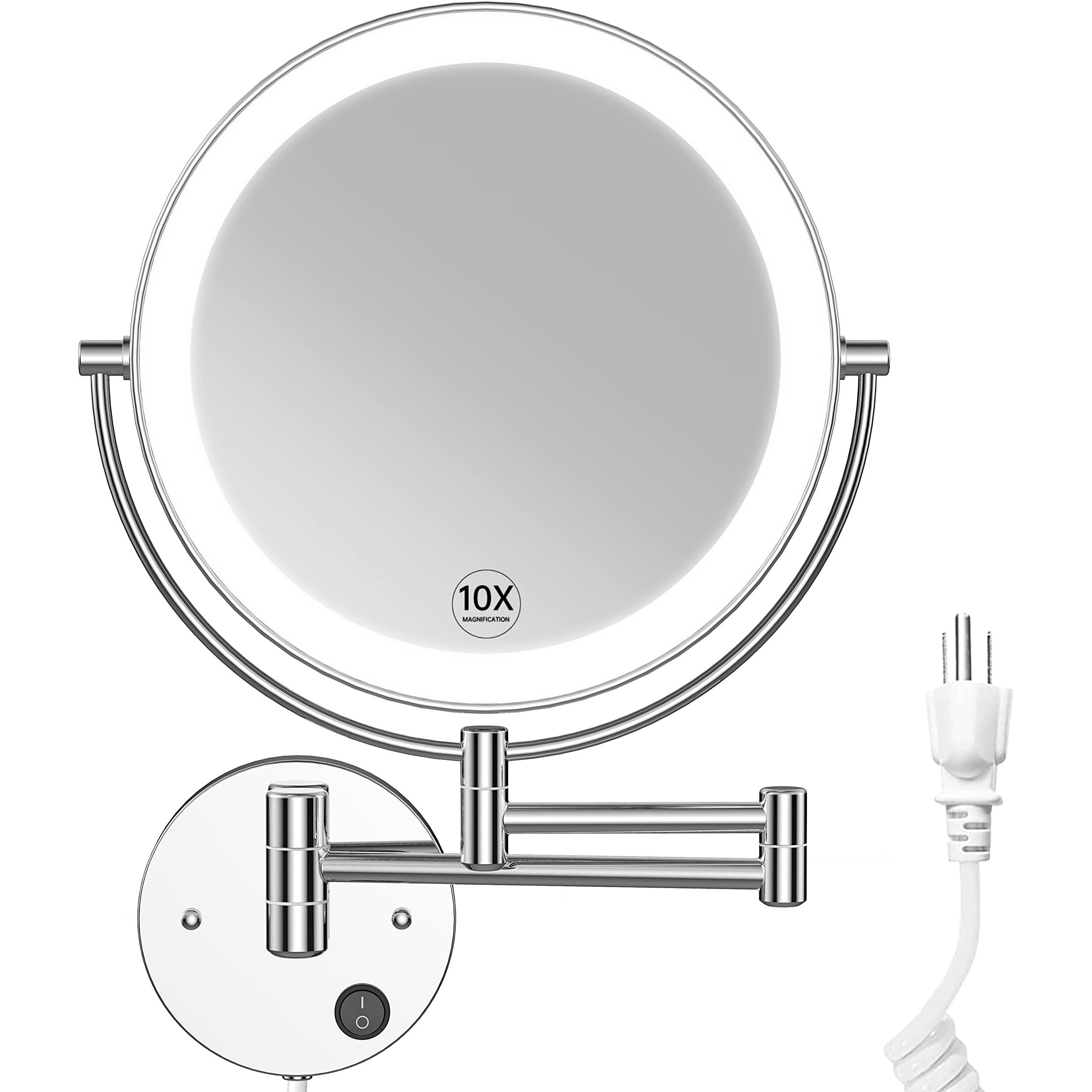 Benbilry 9"" Wall Mounted Lighted Makeup Mirror With Magnification 10X, Large Size Double Sides Led Vanity Mirror, 10X Magnifying Mirror With Lights, 360 Swivel Led Bathroom Mirror