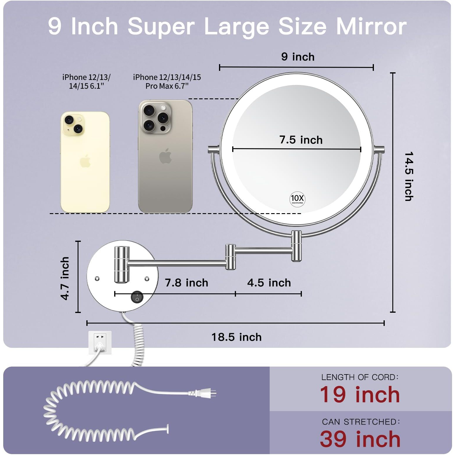 Benbilry 9"" Wall Mounted Lighted Makeup Mirror With Magnification 10X, Large Size Double Sides Led Vanity Mirror, 10X Magnifying Mirror With Lights, 360 Swivel Led Bathroom Mirror