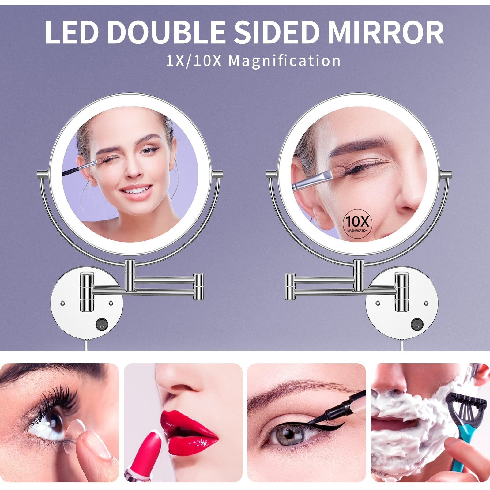 Benbilry 9"" Wall Mounted Lighted Makeup Mirror With Magnification 10X, Large Size Double Sides Led Vanity Mirror, 10X Magnifying Mirror With Lights, 360 Swivel Led Bathroom Mirror