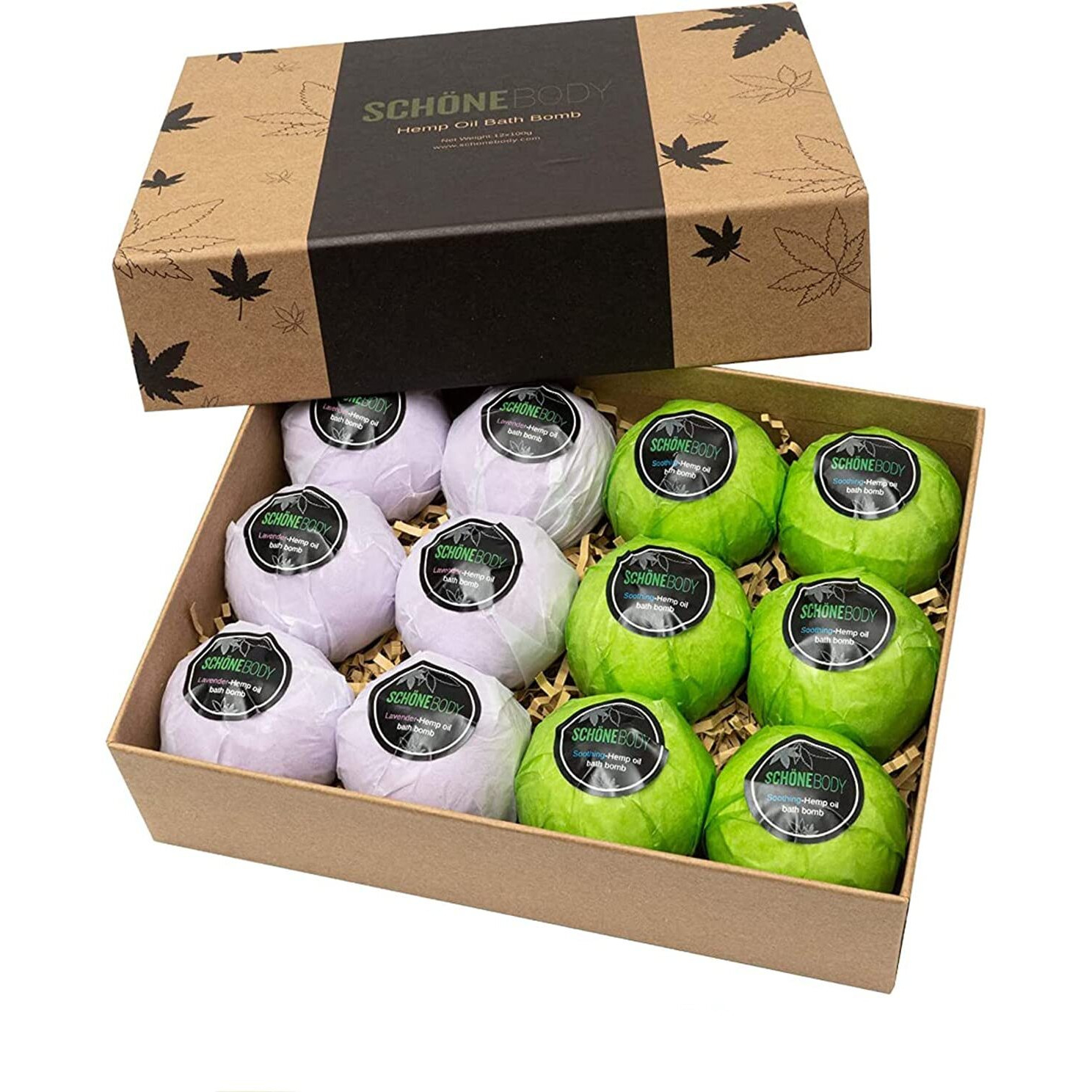 Hemp Bath Bombs By Schone Body, 2 Relaxing Scents Of Refreshing Mint And Hemp Oil And Soothing Lavender And Hemp Oil. Made With Pure Essential Oil Vegan Set (Large 12 Pack, Bath Bombs), Green