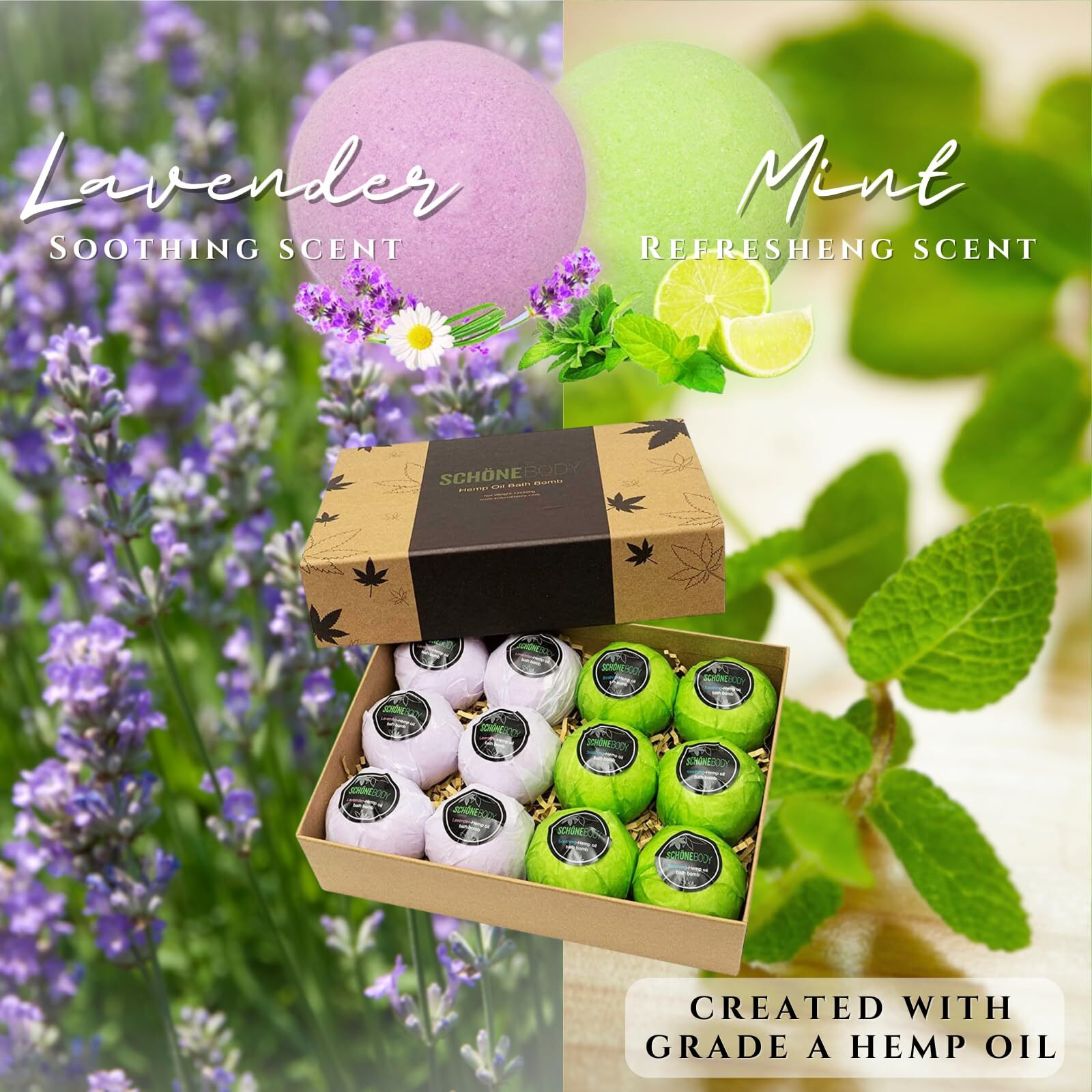 Hemp Bath Bombs By Schone Body, 2 Relaxing Scents Of Refreshing Mint And Hemp Oil And Soothing Lavender And Hemp Oil. Made With Pure Essential Oil Vegan Set (Large 12 Pack, Bath Bombs), Green