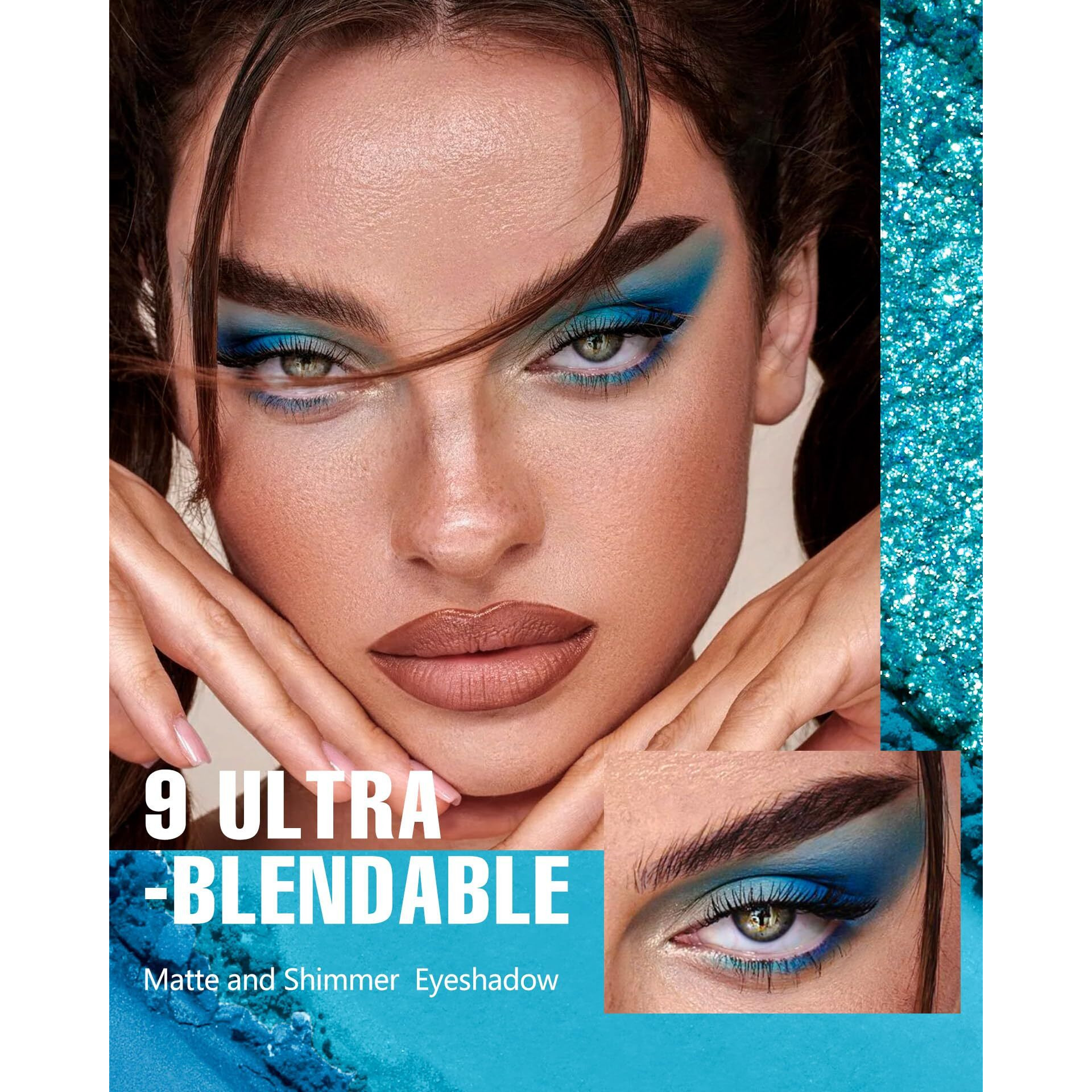Maki Yika Blue Matte Shimmer Eyeshadow Palette, 9 Colors Glitter Smokey Eye Shadow Long Lasting High Pigmented Powder Colorful Waterproof Makeup Palettes (6 Blue)