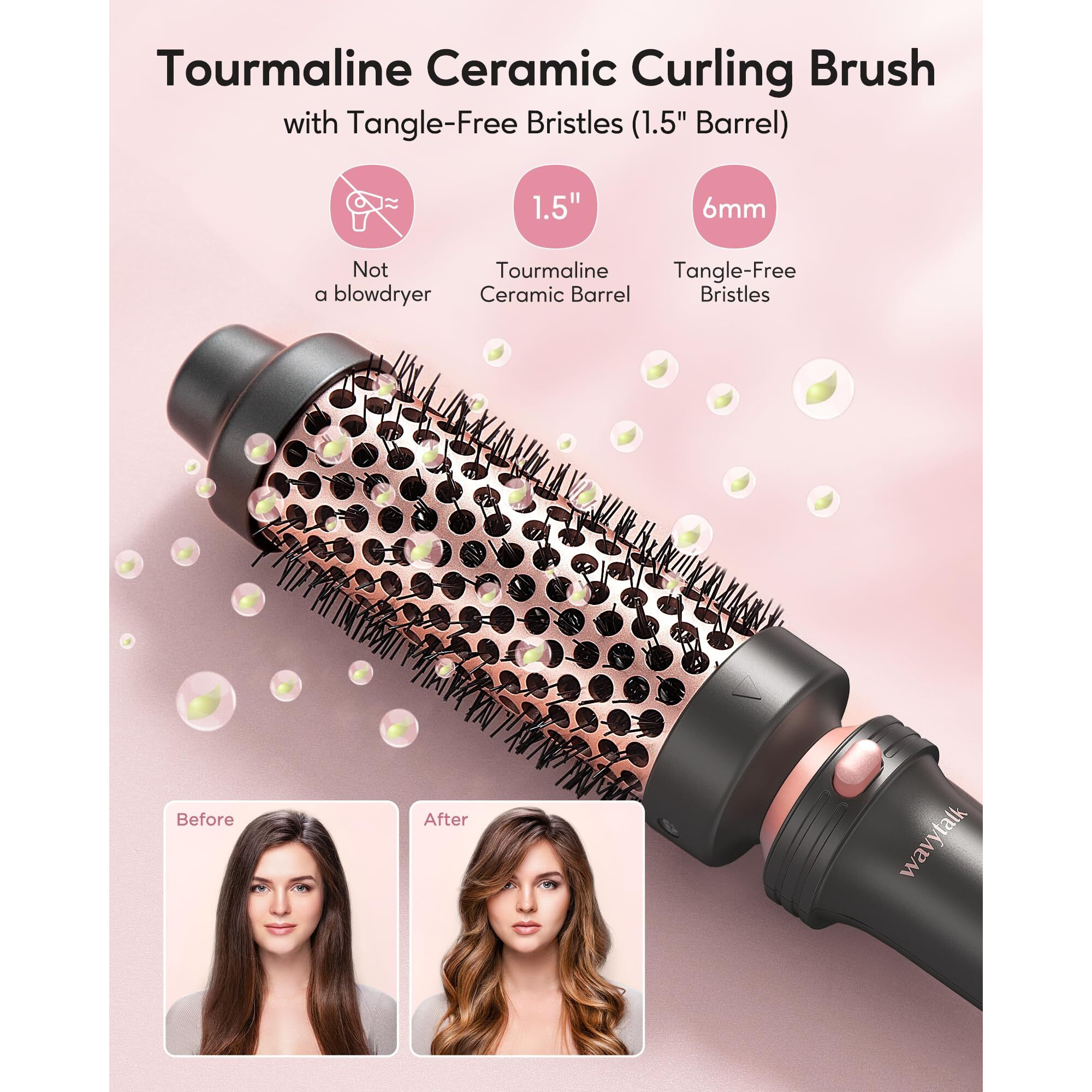 Wavytalk Thermal Brush, Heated Round Brush, 1 1/2 Inch Thermal Brush Blowout Look With Detachable Brush Head, Thermal Round Brush Dual Voltage For Travel, Rose Gold