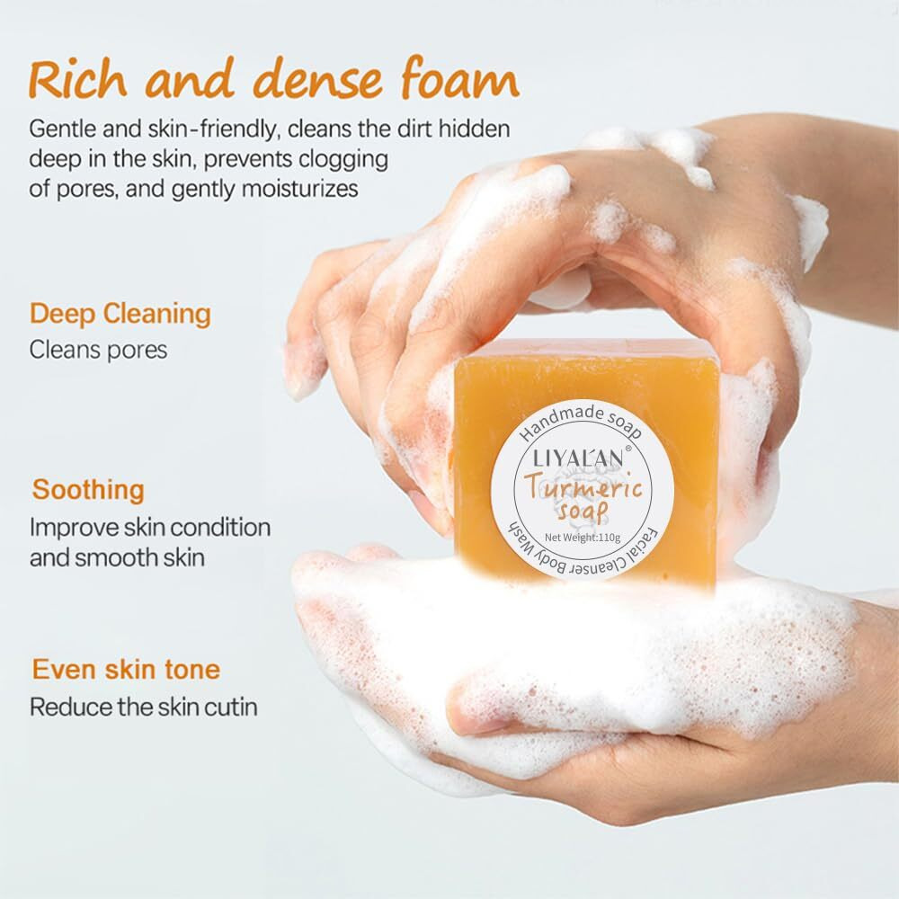 Liyalan Turmeric Soap Bar 3.88 Oz Each Bar For Face Body Acne,Smooth Skin,Cleansing Natural Handmade Soap Contains 3 Bars