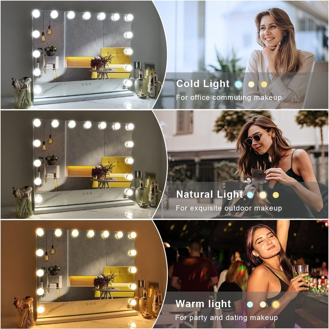 Fenchilin Vanity Mirror With Lights, Hollywood Lighted Makeup Mirror With 15 Dimmable Led Bulbs For Dressing Room & Bedroom, Slim Metal Frame Design, White