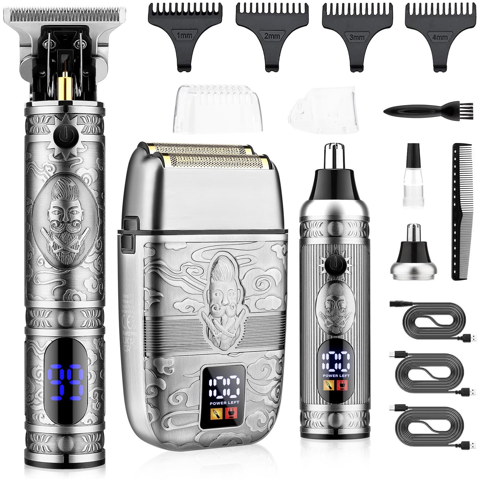 Saoilli Professional Hair Trimmer Hair Clippers For Men, Nose Hair Trimmer Shaver Set,Cordless T-Blade Beard Trimmer Barber Clippers,Electric Razor Foil Shavers For Men Haircut Grooming Kit(Silver)
