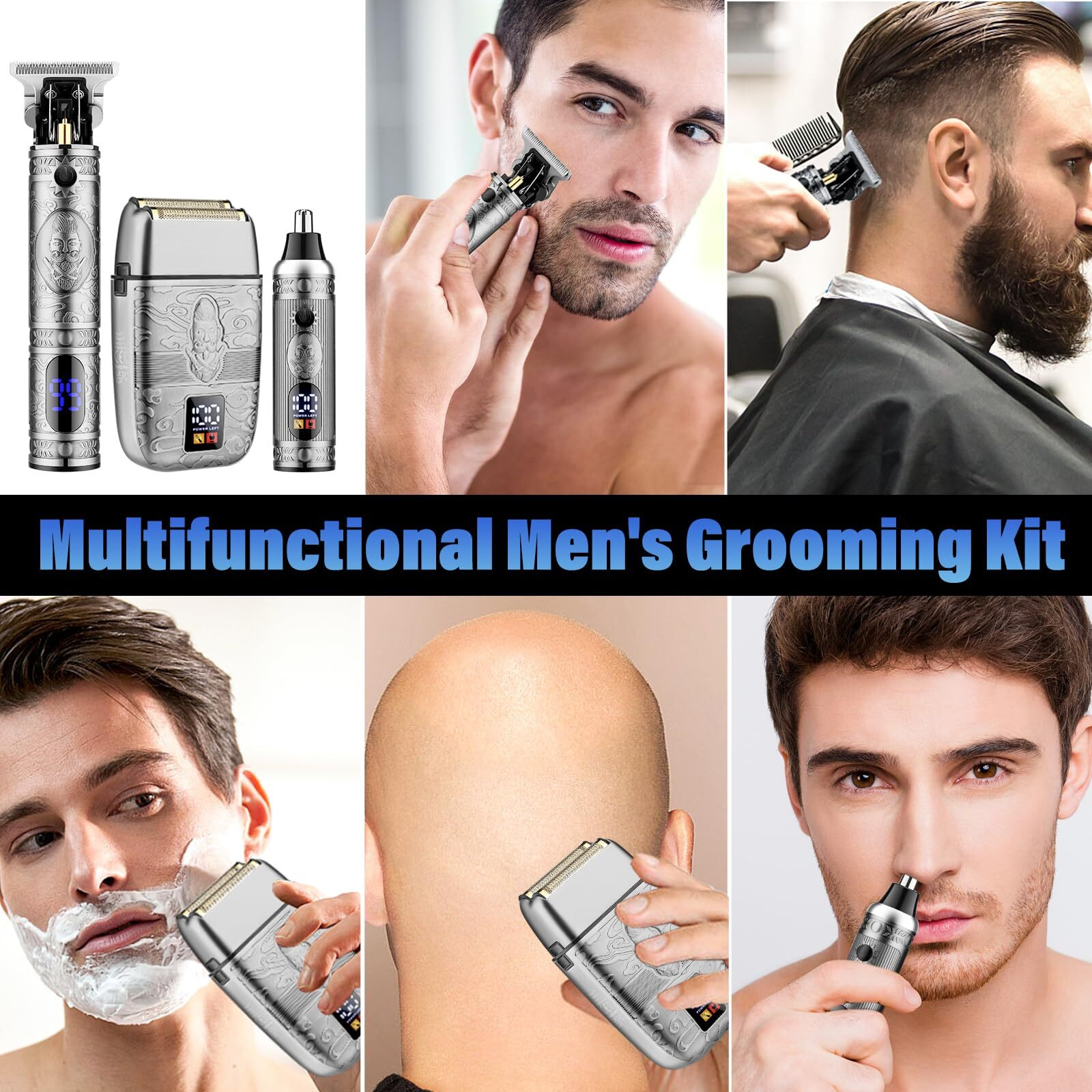 Saoilli Professional Hair Trimmer Hair Clippers For Men, Nose Hair Trimmer Shaver Set,Cordless T-Blade Beard Trimmer Barber Clippers,Electric Razor Foil Shavers For Men Haircut Grooming Kit(Silver)