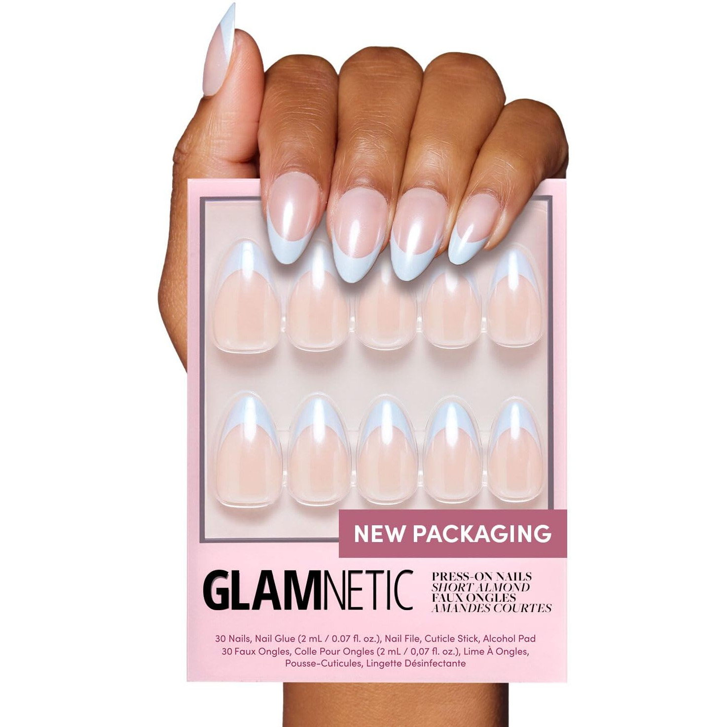 Glamnetic Press On Nails - Blueberry Icing | Short Almond Baby Blue French Tip Nails With A Glaze Finish | 15 Sizes - 30 Nail Kit With Glue