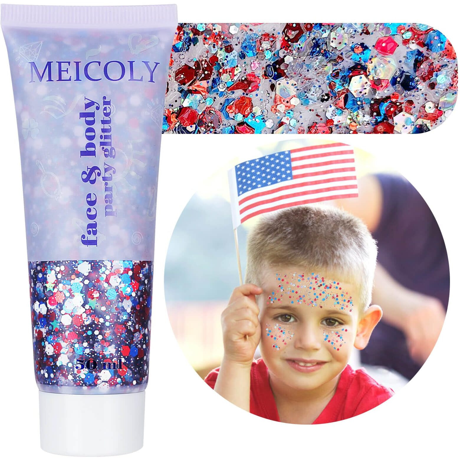 Meicoly Usa Flag Pride Face Body Glitter,Presidents' Day Patriotic Veterans Day Independence Day Sparkle 4Th Of July Pride Face Paint Makeup,Festival Sparkling Mermaid Body Glitter Gel For Women,50Ml