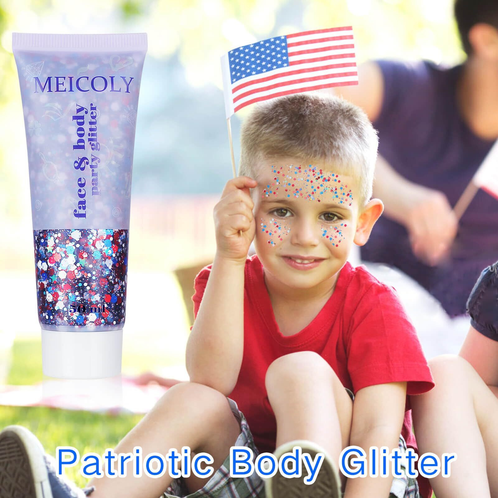 Meicoly Usa Flag Pride Face Body Glitter,Presidents' Day Patriotic Veterans Day Independence Day Sparkle 4Th Of July Pride Face Paint Makeup,Festival Sparkling Mermaid Body Glitter Gel For Women,50Ml