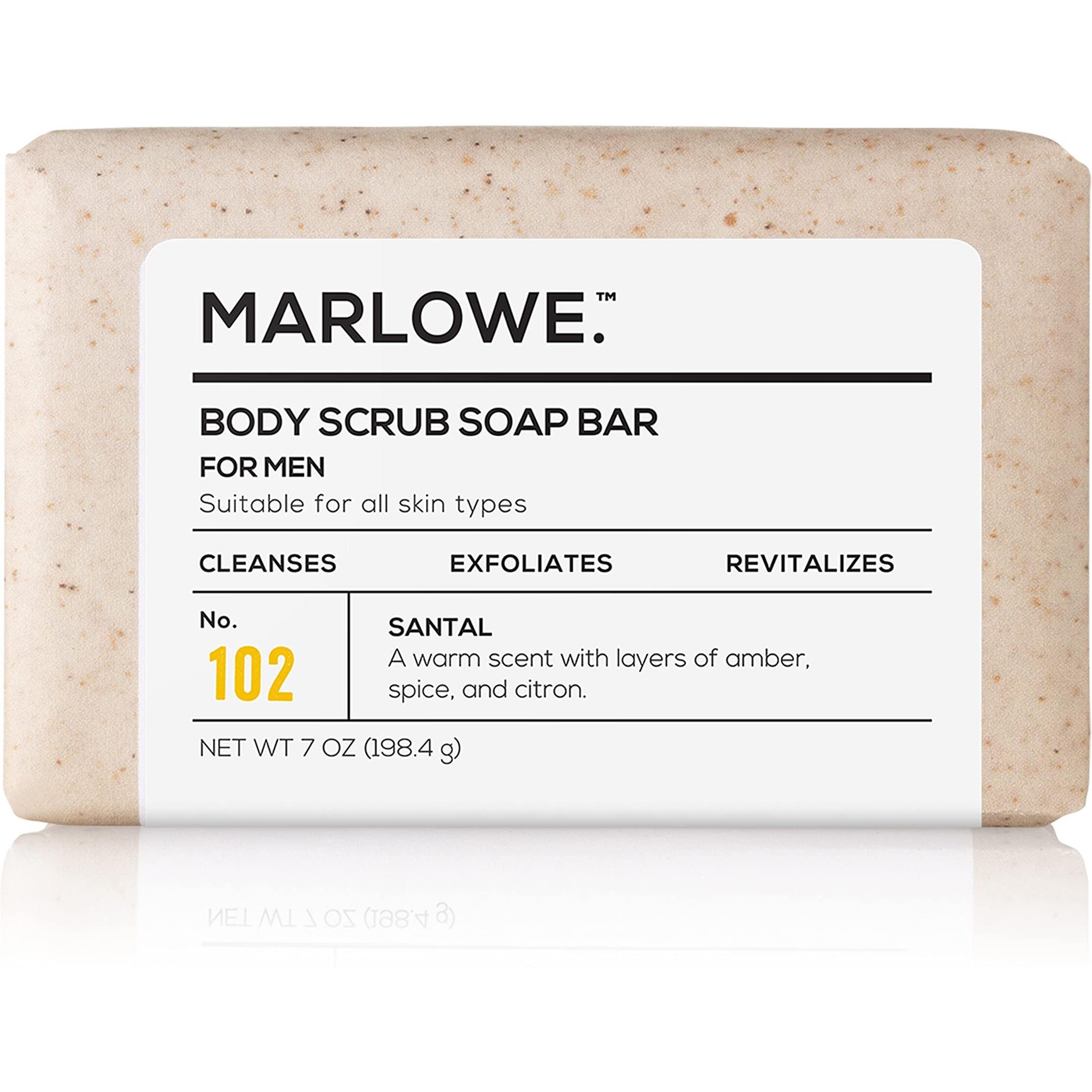 Marlowe. No. 102 Men's Body Scrub Soap 7 Oz, Warm Santal Scent, Best Exfoliating Bar For Men, Made With Natural Ingredients, Apricot Seed Powder, Shea Butter, Olive Oil, Green Tea Extracts