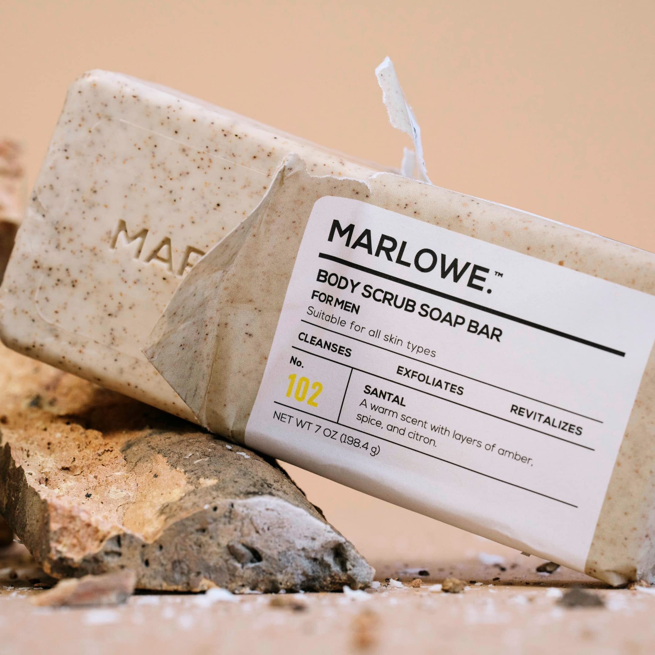 Marlowe. No. 102 Men's Body Scrub Soap 7 Oz, Warm Santal Scent, Best Exfoliating Bar For Men, Made With Natural Ingredients, Apricot Seed Powder, Shea Butter, Olive Oil, Green Tea Extracts
