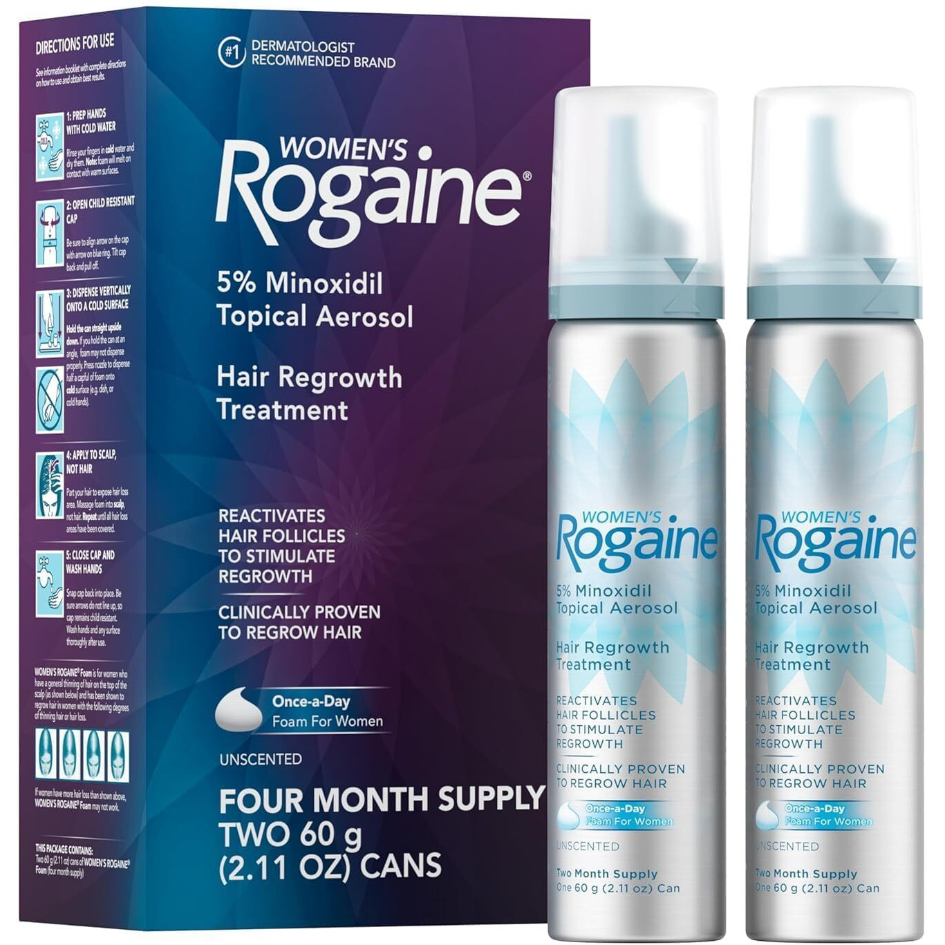 Women 's Rogaine 5% Minoxidil Foam, Topical Once-A-Day Hair Loss Treatment For Women To Regrow Fuller, Thicker Hair, Unscented, 4-Month Supply, 2 X 2.11 Oz