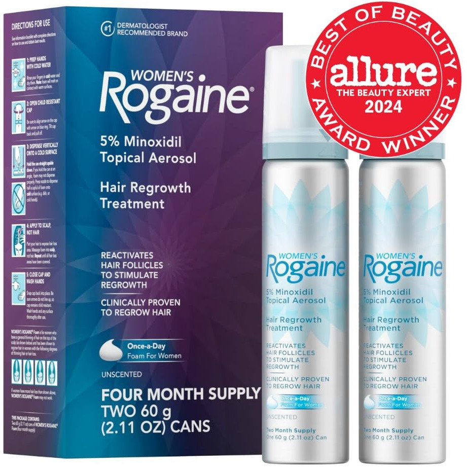 Women 's Rogaine 5% Minoxidil Foam, Topical Once-A-Day Hair Loss Treatment For Women To Regrow Fuller, Thicker Hair, Unscented, 4-Month Supply, 2 X 2.11 Oz