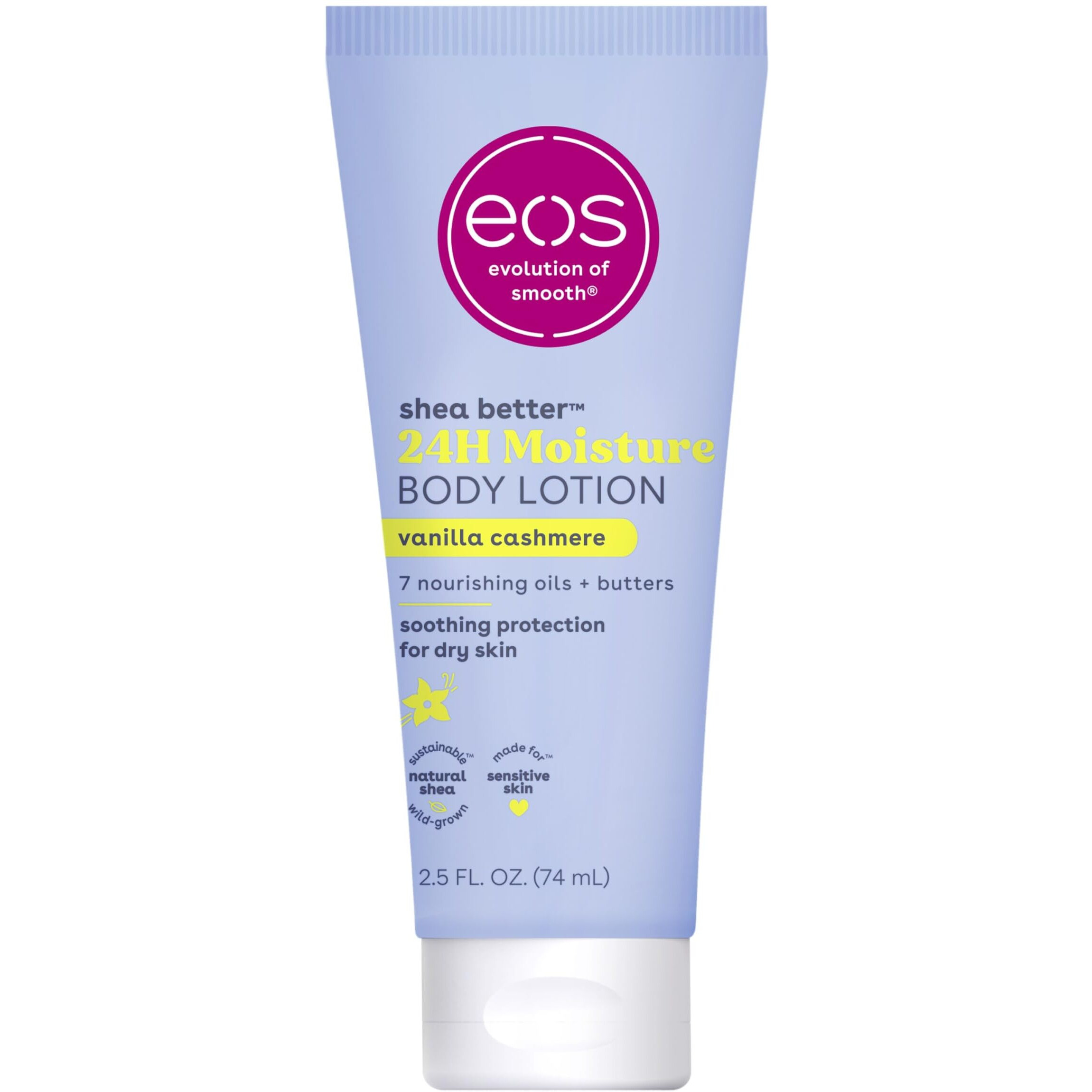 Eos 24H Moisture Travel Body Lotion- Vanilla Cashmere, Travel Size Essential, Toiletries, Mini Body Lotion, 2.5 Fl Oz