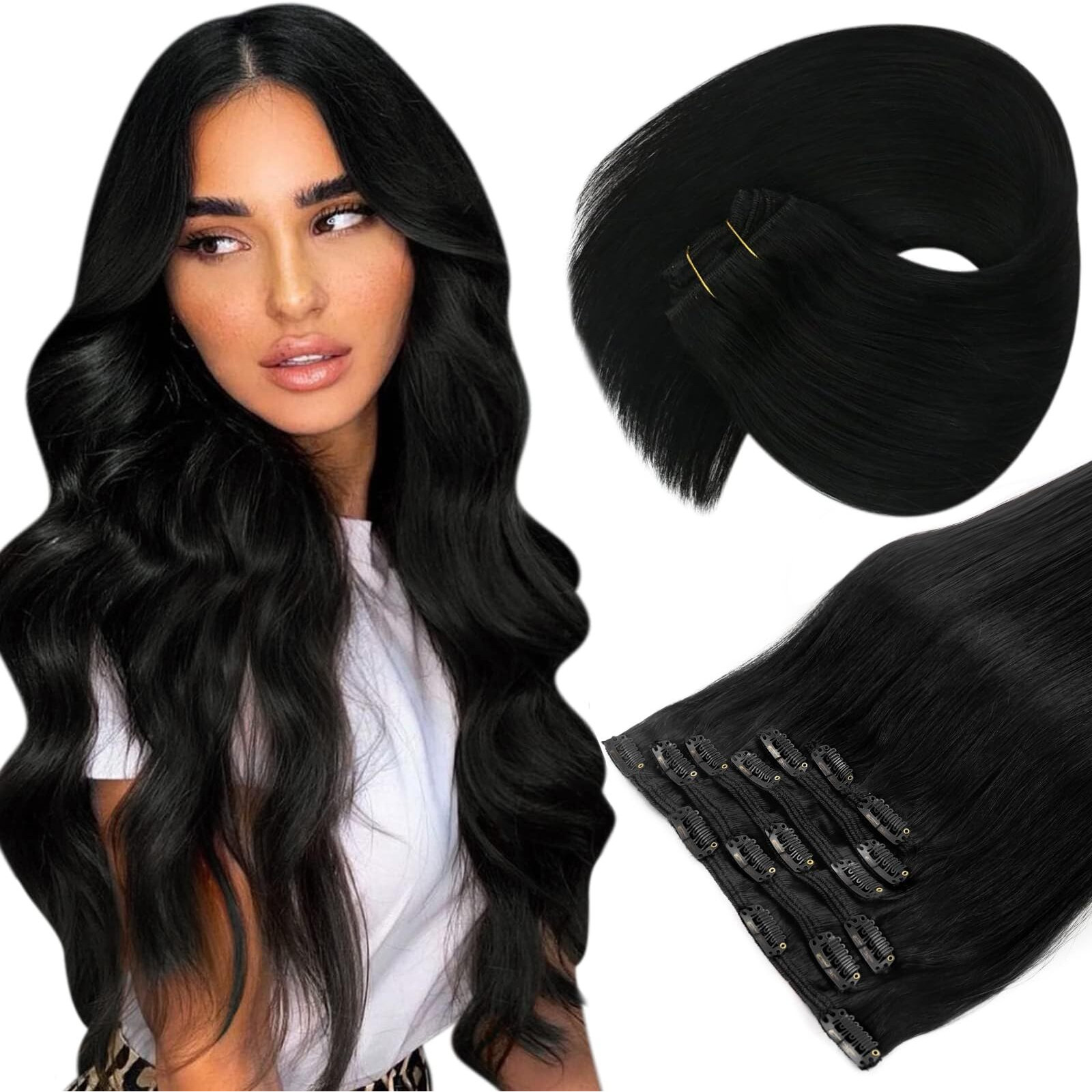 Sunny Clip In Hair Extensions Human Hair For Black Women Hair Extensions Clip In Real Human Hair Jet Black Clip In Human Hair Extensions Double Weft Hair Extensions Black 7Pcs 100G 14Inch