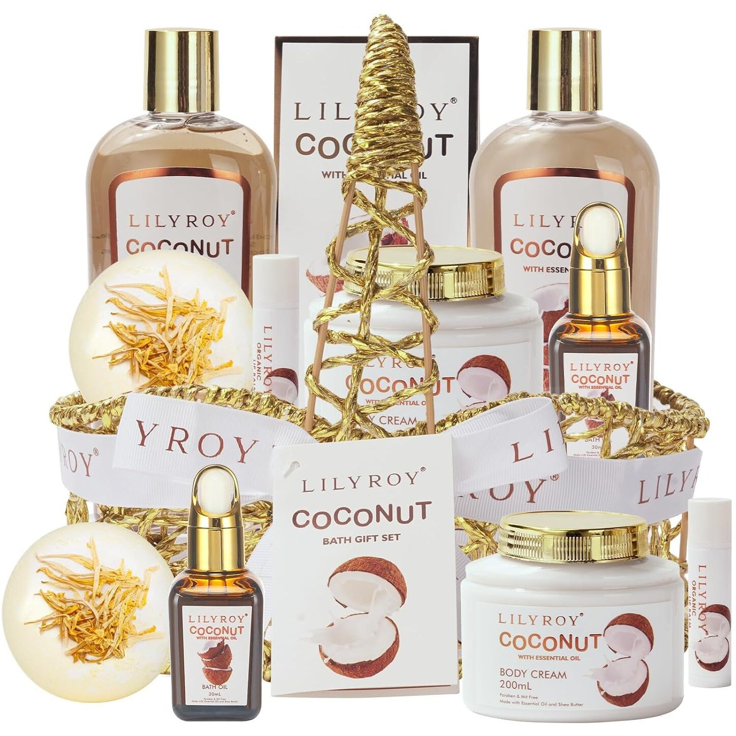 Lily Roy Perfumes Coconut Spa Gift Baskets Set For Women Men Bath And Body Gift Basket Spa Bath Gift Sets Bath Spa Kit Set Self Skin Care Gift Basket For Birthday Christmas Mothers Fathers Day