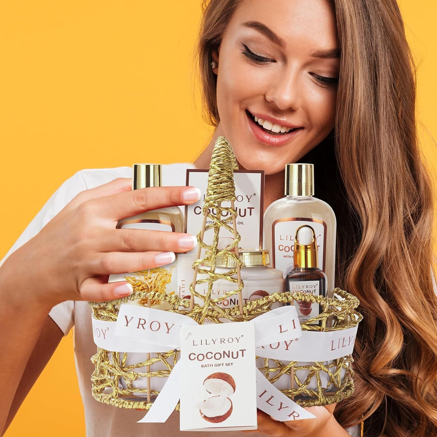 Lily Roy Perfumes Coconut Spa Gift Baskets Set For Women Men Bath And Body Gift Basket Spa Bath Gift Sets Bath Spa Kit Set Self Skin Care Gift Basket For Birthday Christmas Mothers Fathers Day
