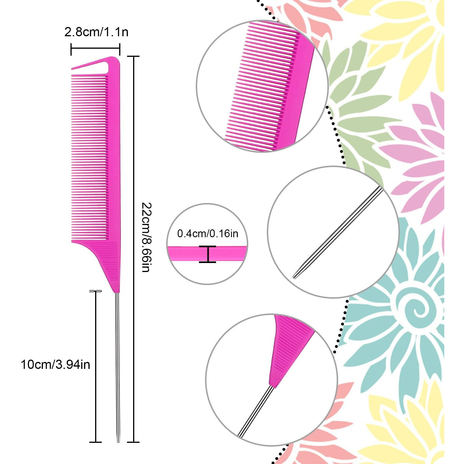 Patelai 12 Pcs Parting Comb For Braids, Rat Tail Stainless Steel Pintail Comb For Teasing, Braiding, Pressing, Hair Styling, Hairdressing, Hair Salon & Home Use, Rose Red