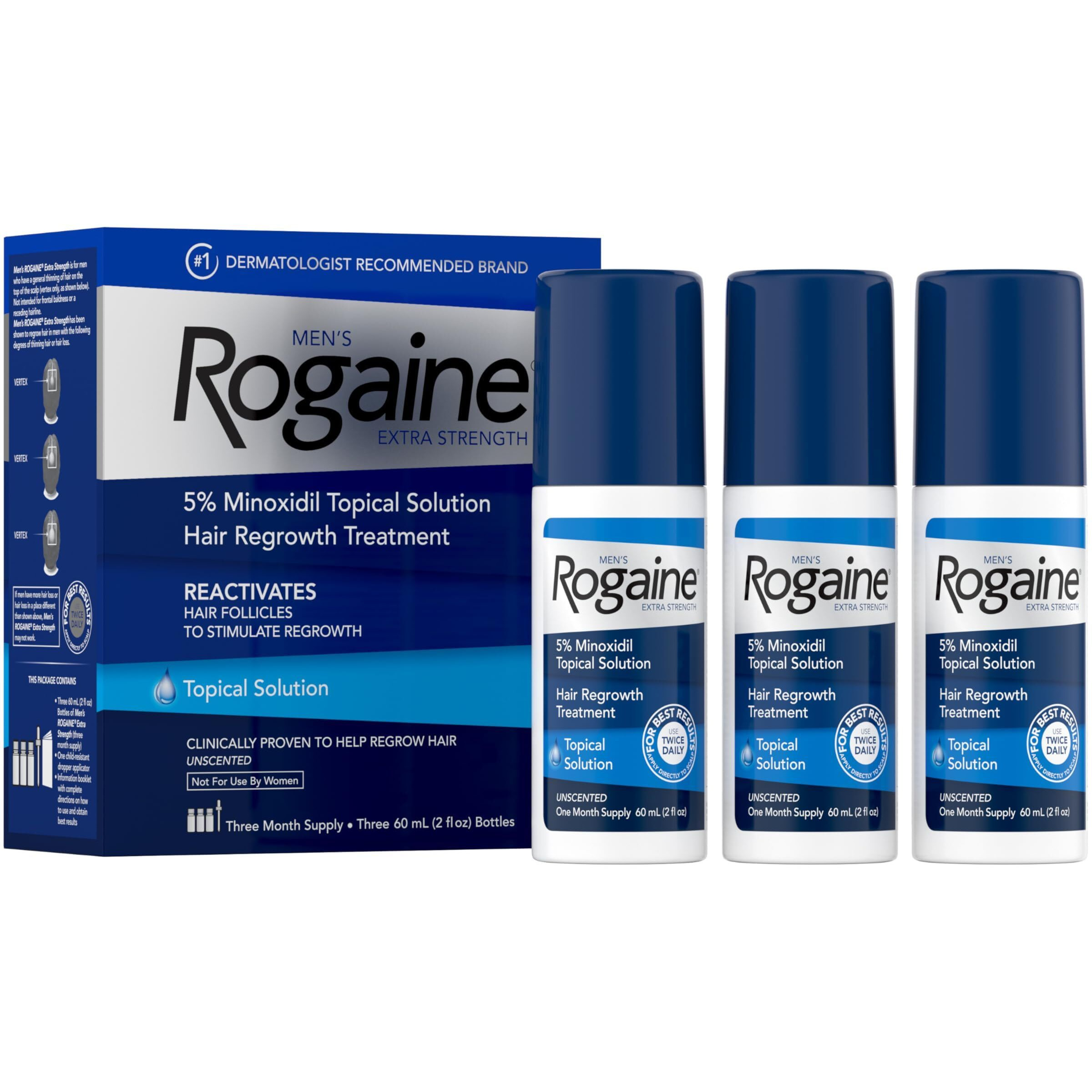 Men's Rogaine Extra Strength 5% Minoxidil Topical Solution For Thin Hair, Hair Loss Treatment To Regrow Fuller, Thicker Hair, 3-Month Supply, 3 X 2 Fl. Oz