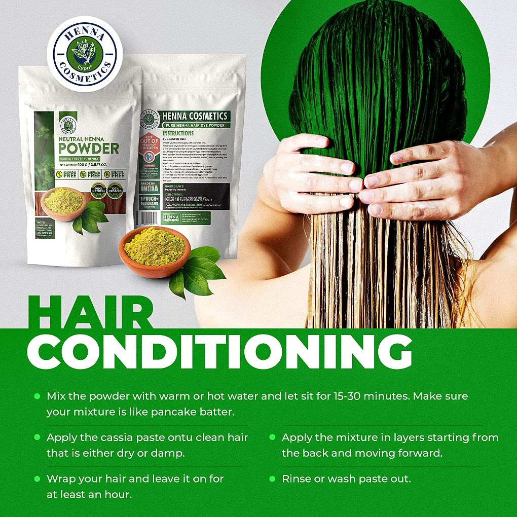 Henna Cosmetics Cypri Henna Hair Color, Neutral Henna Powder For Hair Growth 100 Grams, Cassia Obovata Powder, Organic, Dye Free