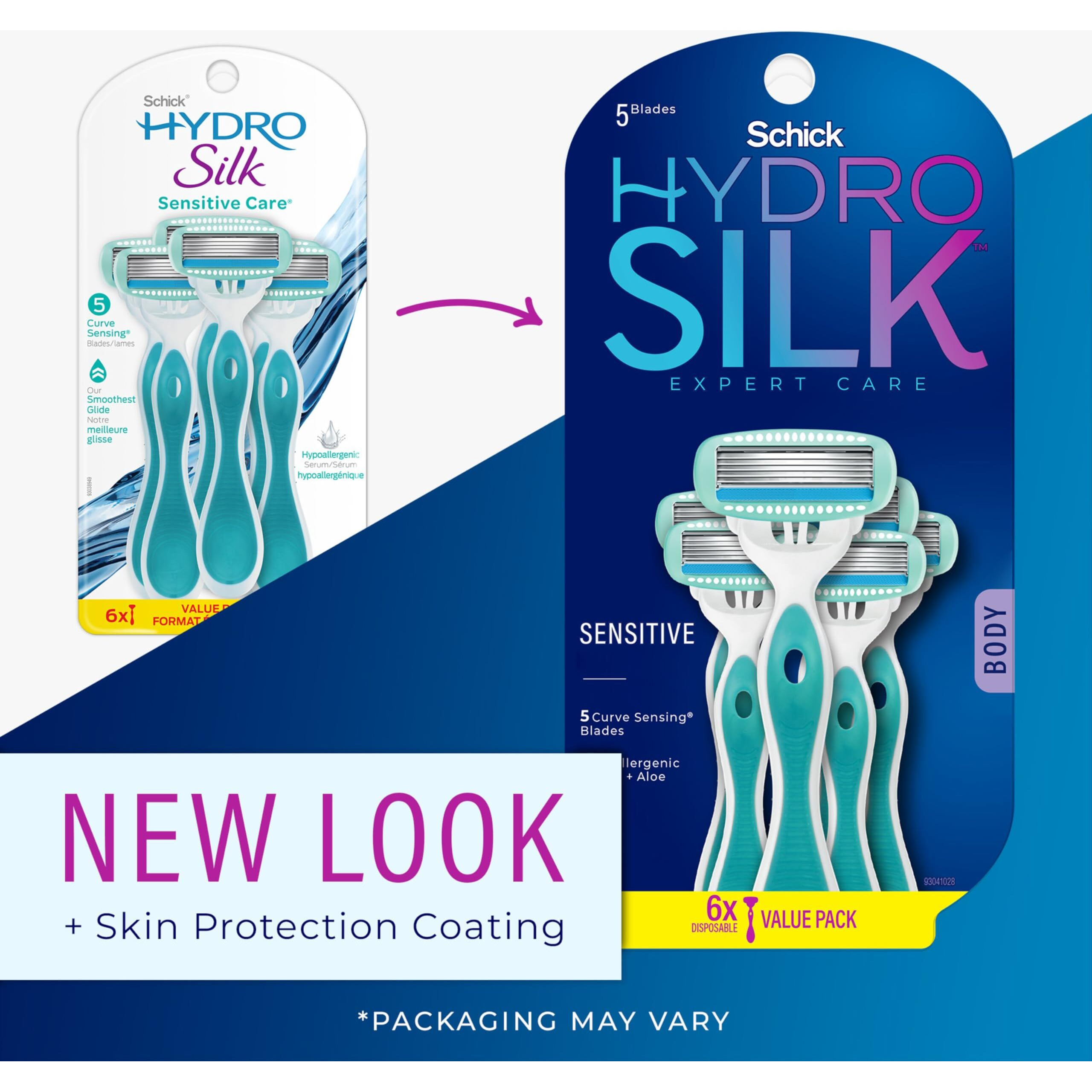 Schick Hydro Silk Sensitive Women's Disposable Razors, 6Ct | 5-Blade Disposable Razors For Women Sensitive Skin | Travel Razor For Women