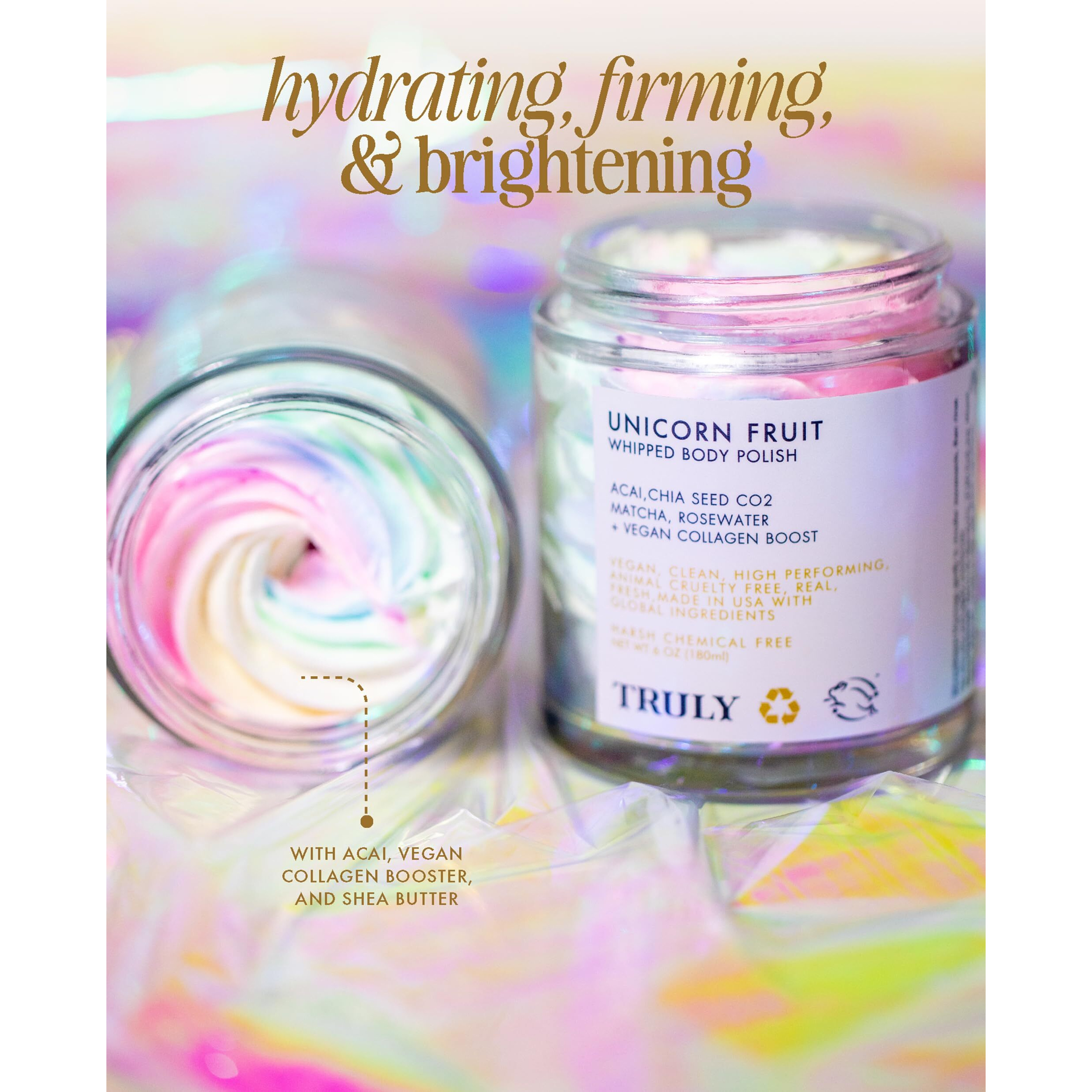 Truly Beauty Unicorn Whipped Body Polish With Chia, Acai And Rose - Whipped Body Butter With Shea For Women, Body Butter Cream For Softer, Smoother And Glowing Skin - 2 Fl. Oz