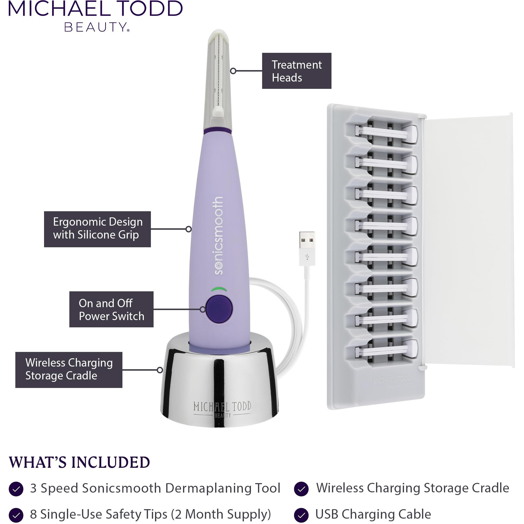 Michael Todd Beauty - Sonicsmooth Dermaplaning Tool - 2 In 1 Peach Fuzz Facial Hair Removal For Women - Dermaplane - Rechargeable With 8 Week Supply
