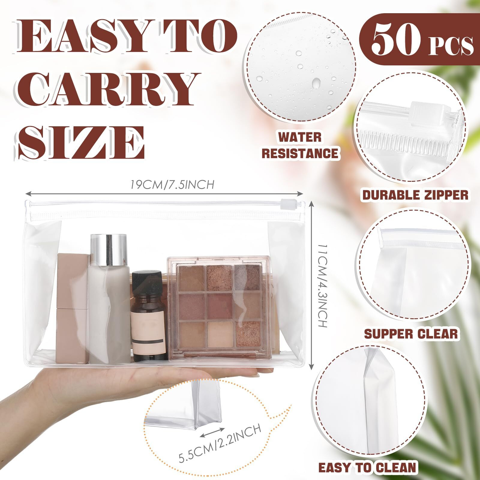 Xuniea 50 Pieces Mini Clear Makeup Bag Organizer Pouches Small Pvc Waterproof Makeup Bag Plastic Cosmetic Organizer Bag With Zipper For Women Men Travel Vacation(7.5'',Transparent)